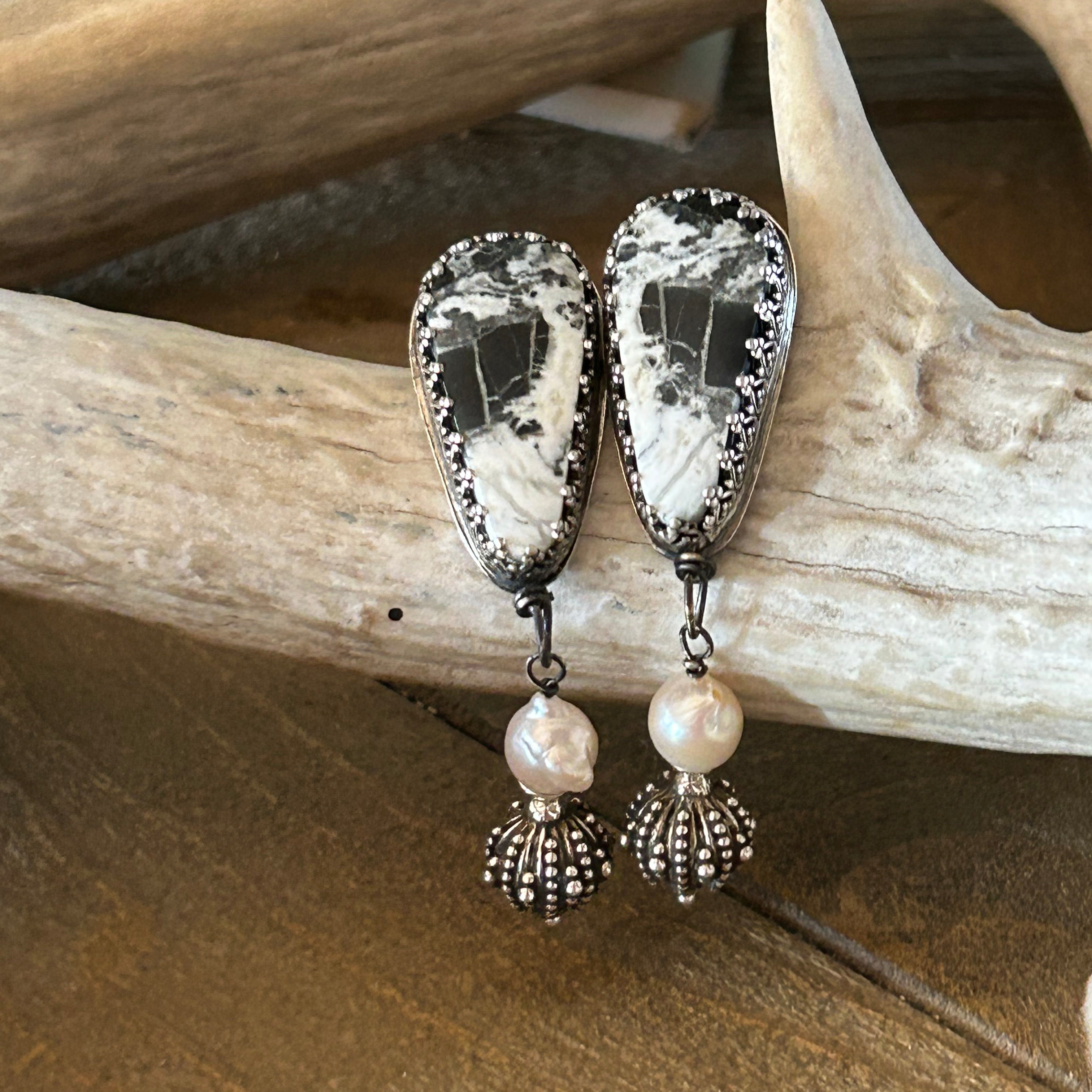 AAA WHITE BUFFALO Turquoise and Pearl Earrings Sterling