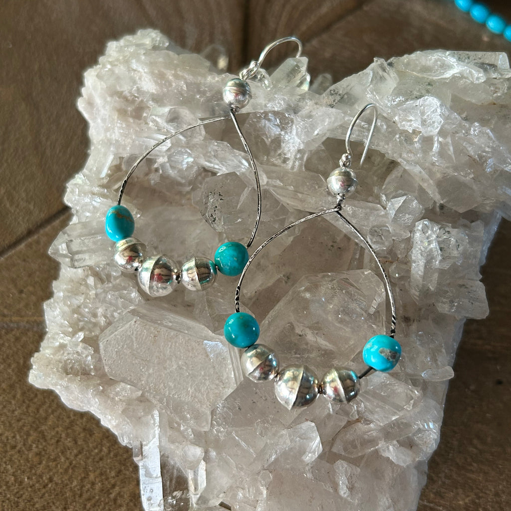 AAA Blue Ridge Turquoise Hoop Earrings Benchmade Sterling Pearls Southwest