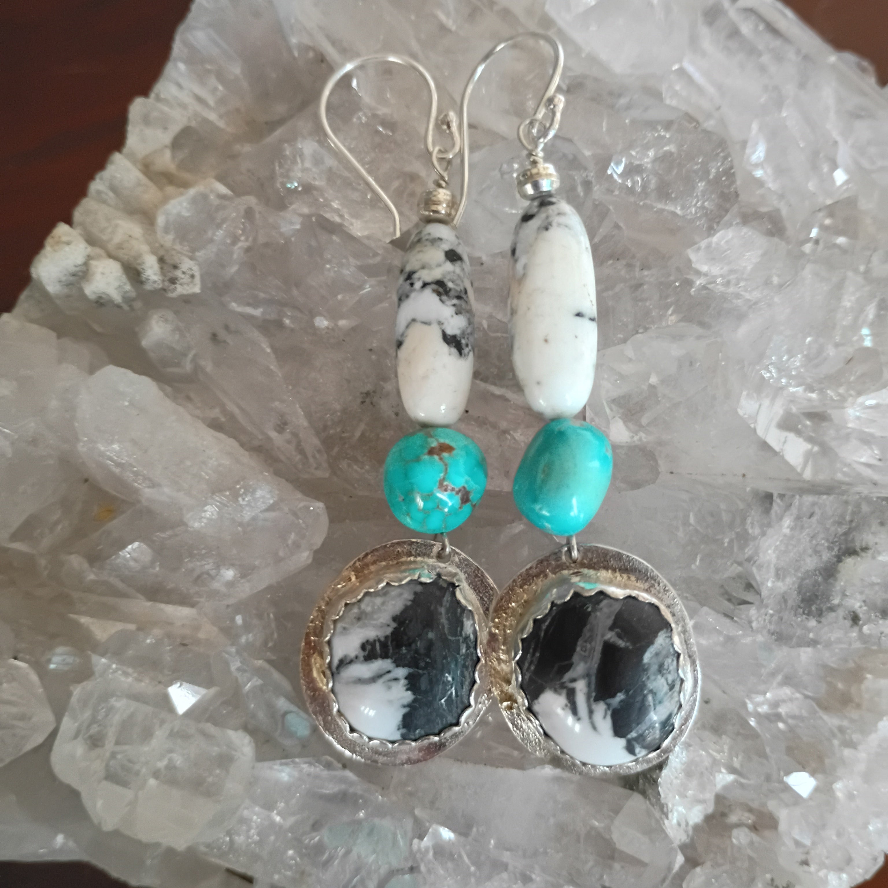 Nevada White Buffalo and Sonoran Blue Rose Turquoise Earrings Sterling Southwestern