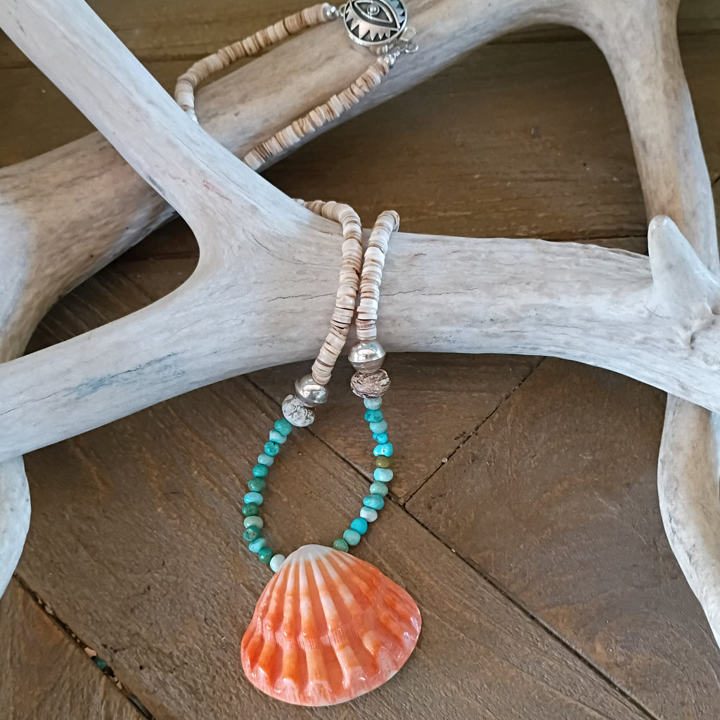 Lone Mountain Turquoise Necklace Spiny Oyster Pendant Sterling Beads 22"