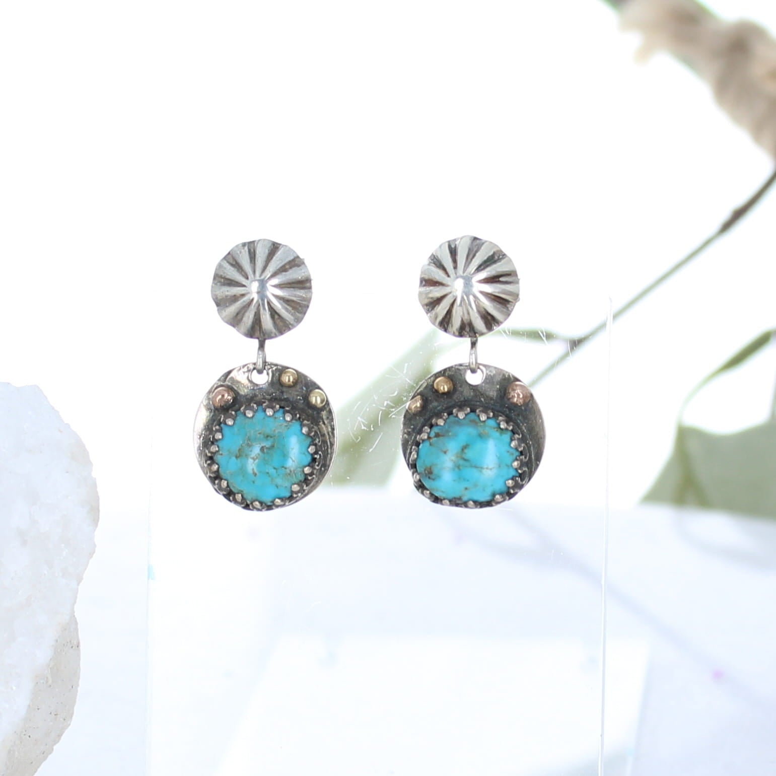 Morenci Turquoise Earrings Gold and Sterling Arizona Southwest -NewWorldGems