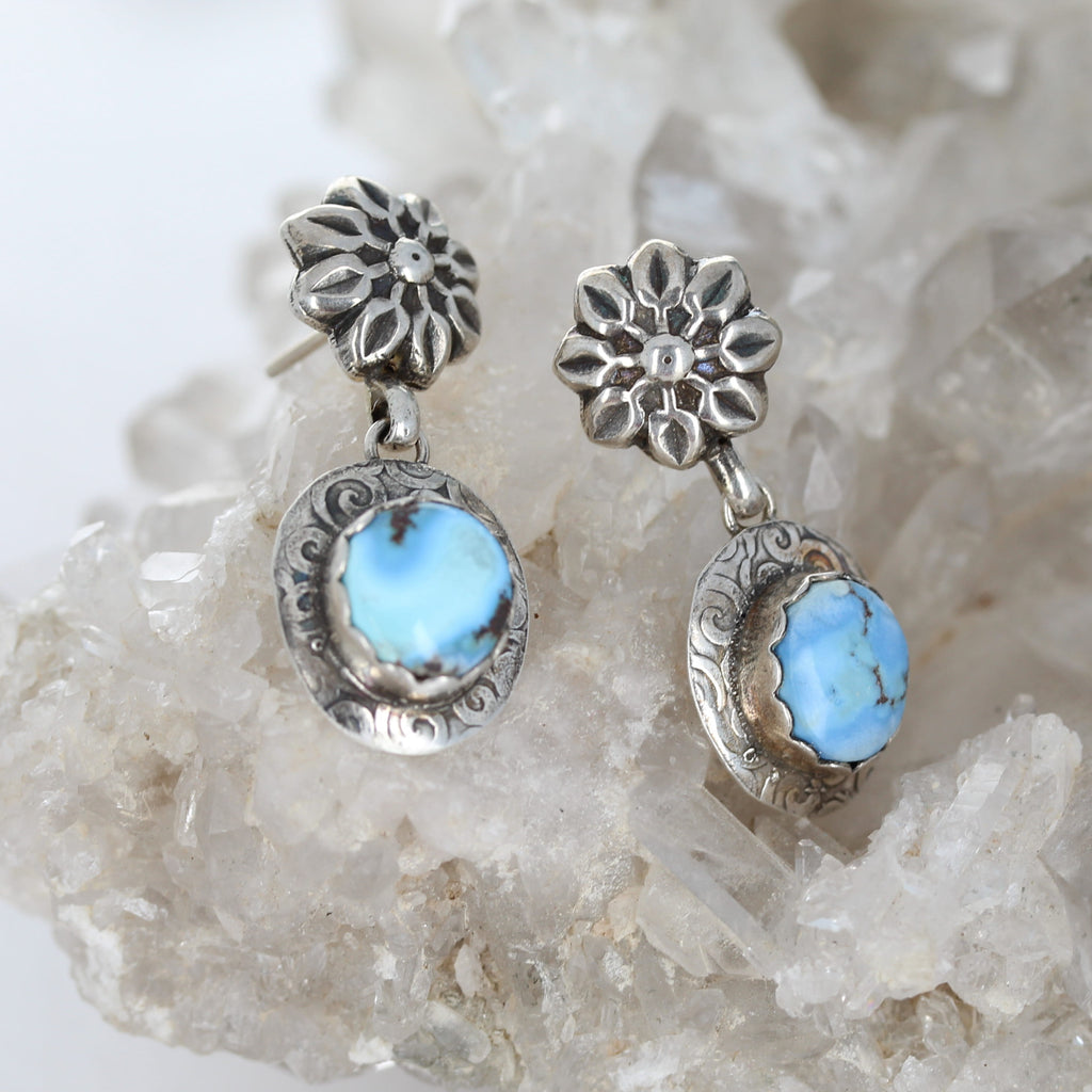 Kazakhstan Turquoise Earrings Baby Blue Floral Design Sterling Silver