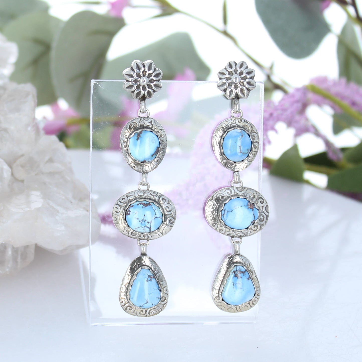 Kazakhstan Turquoise Earrings 3 Stone Baby Blue Spiral Design 3"