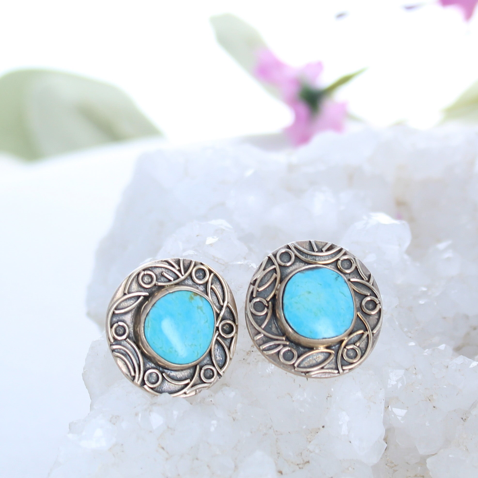 AAA Kingman Turquoise Sterling Earrings Post Style 14mm