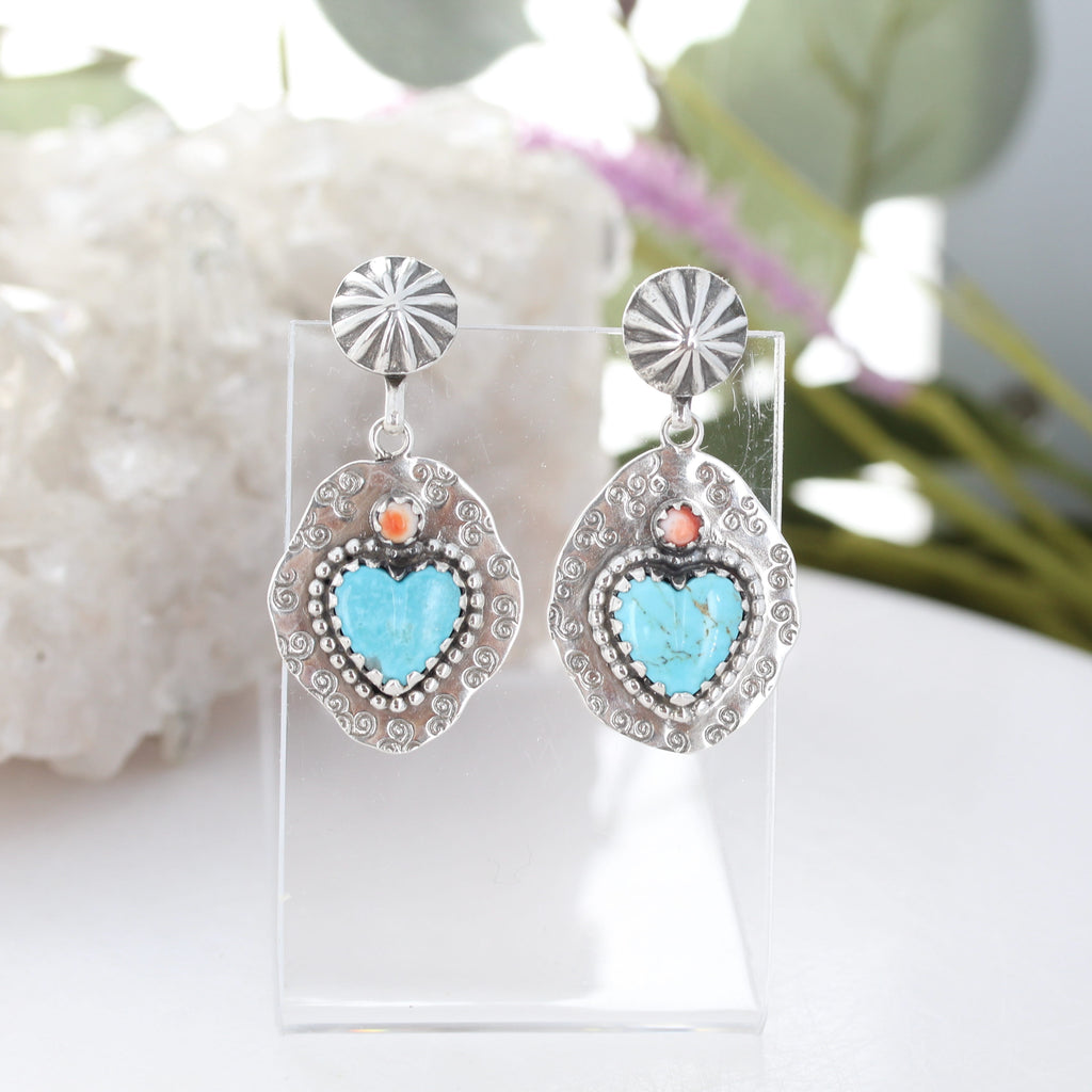 Kingman Turquoise and Spiny Oyster Hearts Cowgirl Earrings Bright Sky Blue