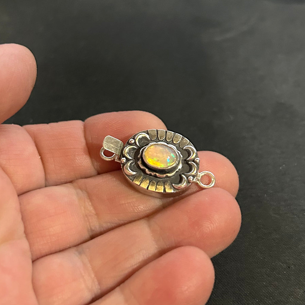Sparkling Ethiopian Opal Oval Moon and Lotus Design Sterling Clasp