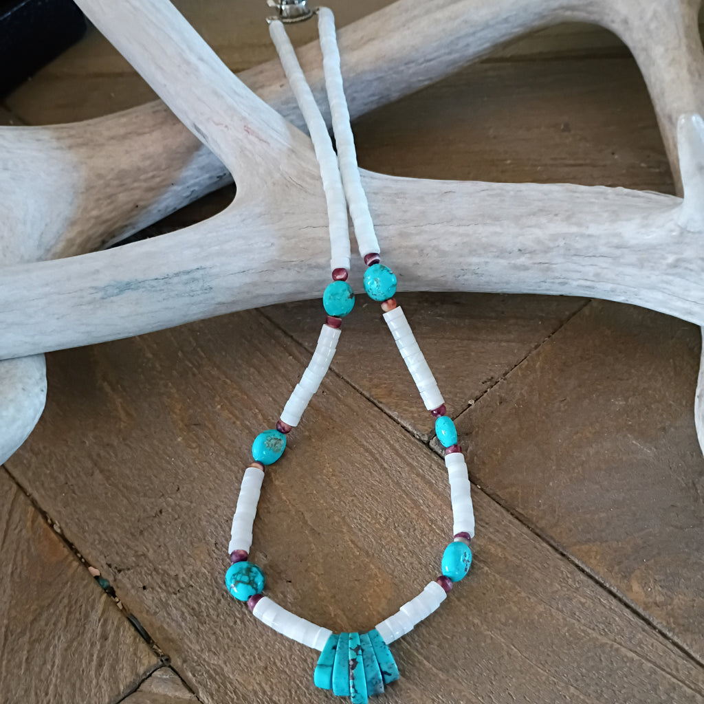 White Spiny Oyster and Blue Turquoise Necklace Sterling Silver 19.5"