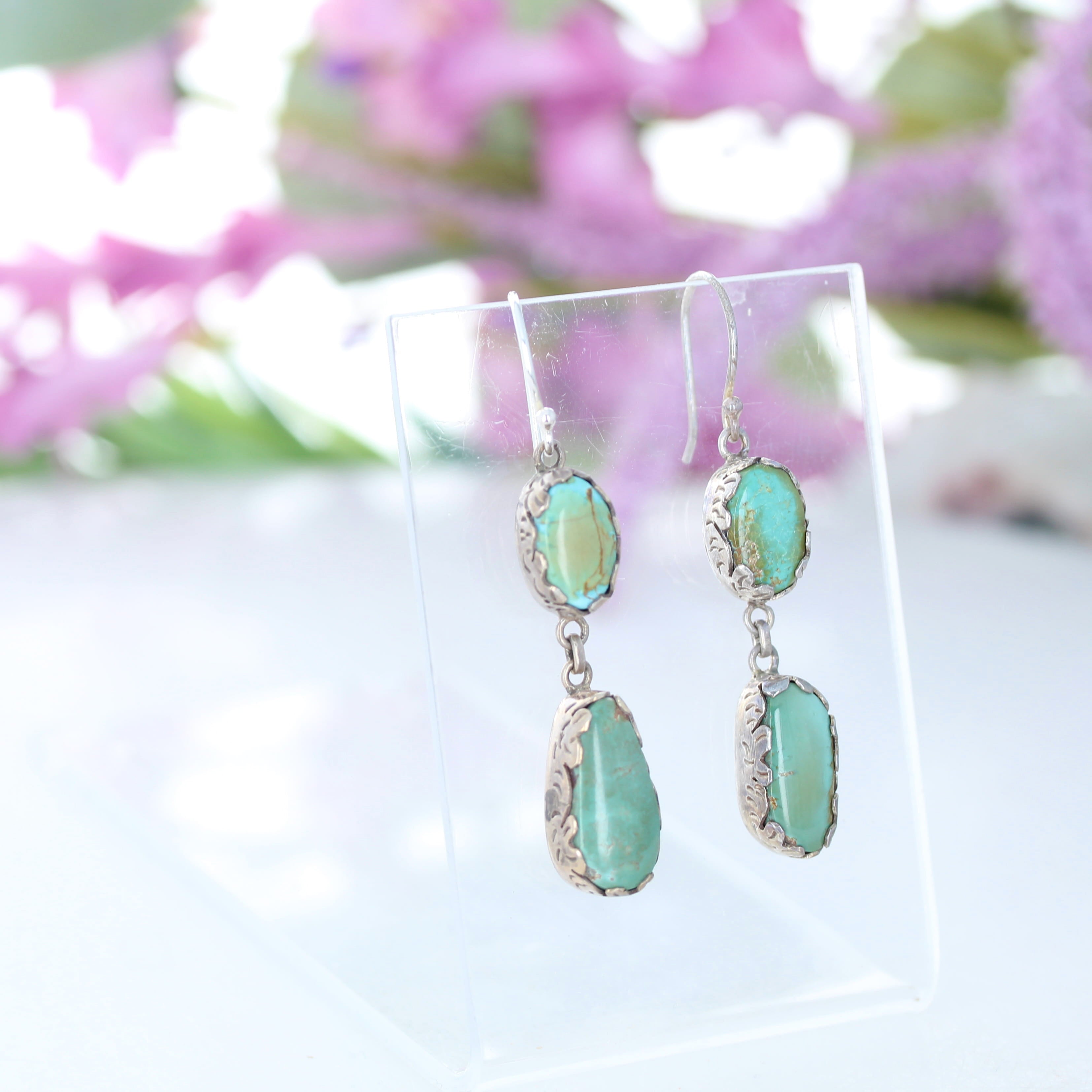 Beautiful Hubei Turquoise Earrings 2 Stone Green Blue Sterling