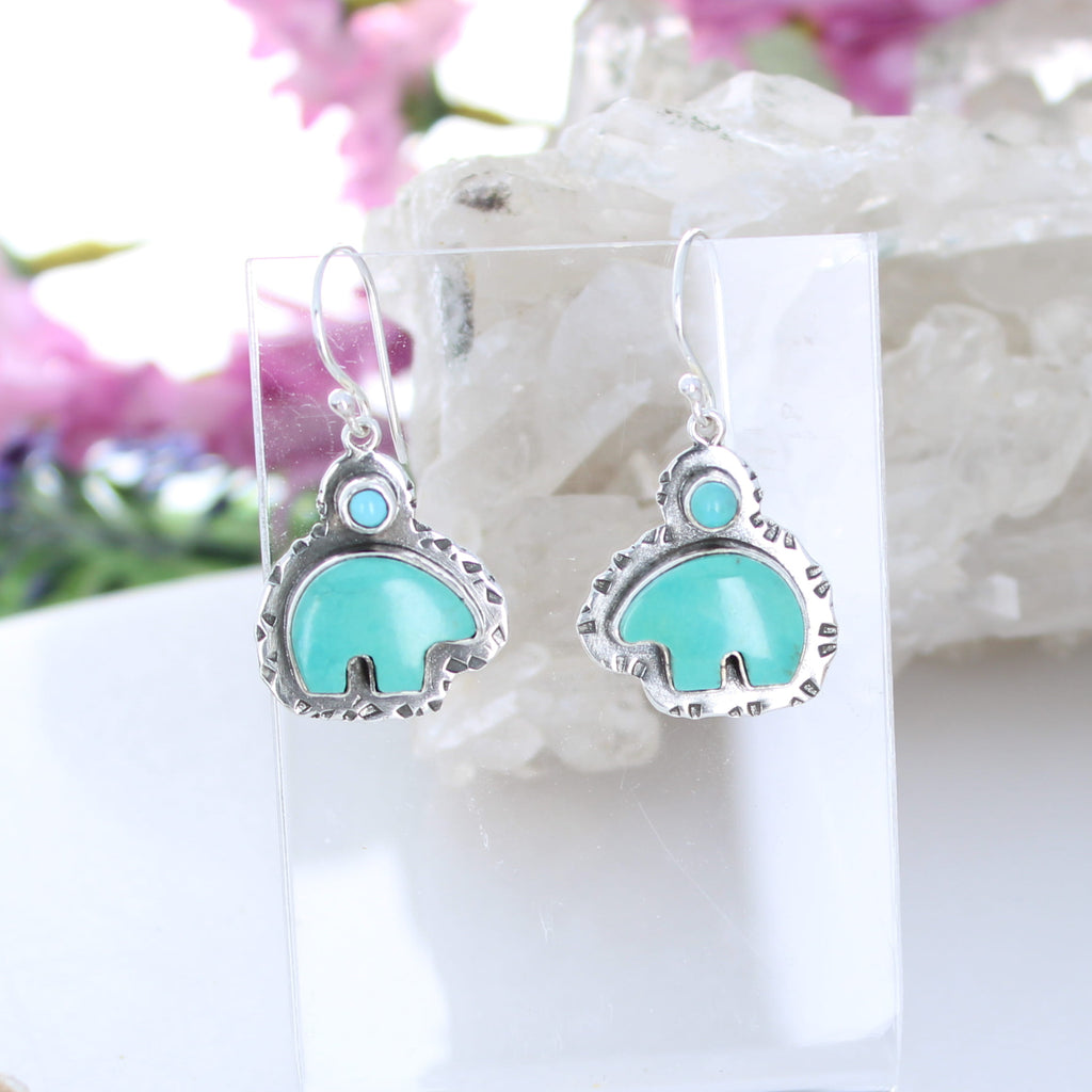 Carved Zuni Bear Kingman Turquoise Earrings Sterling Southwest