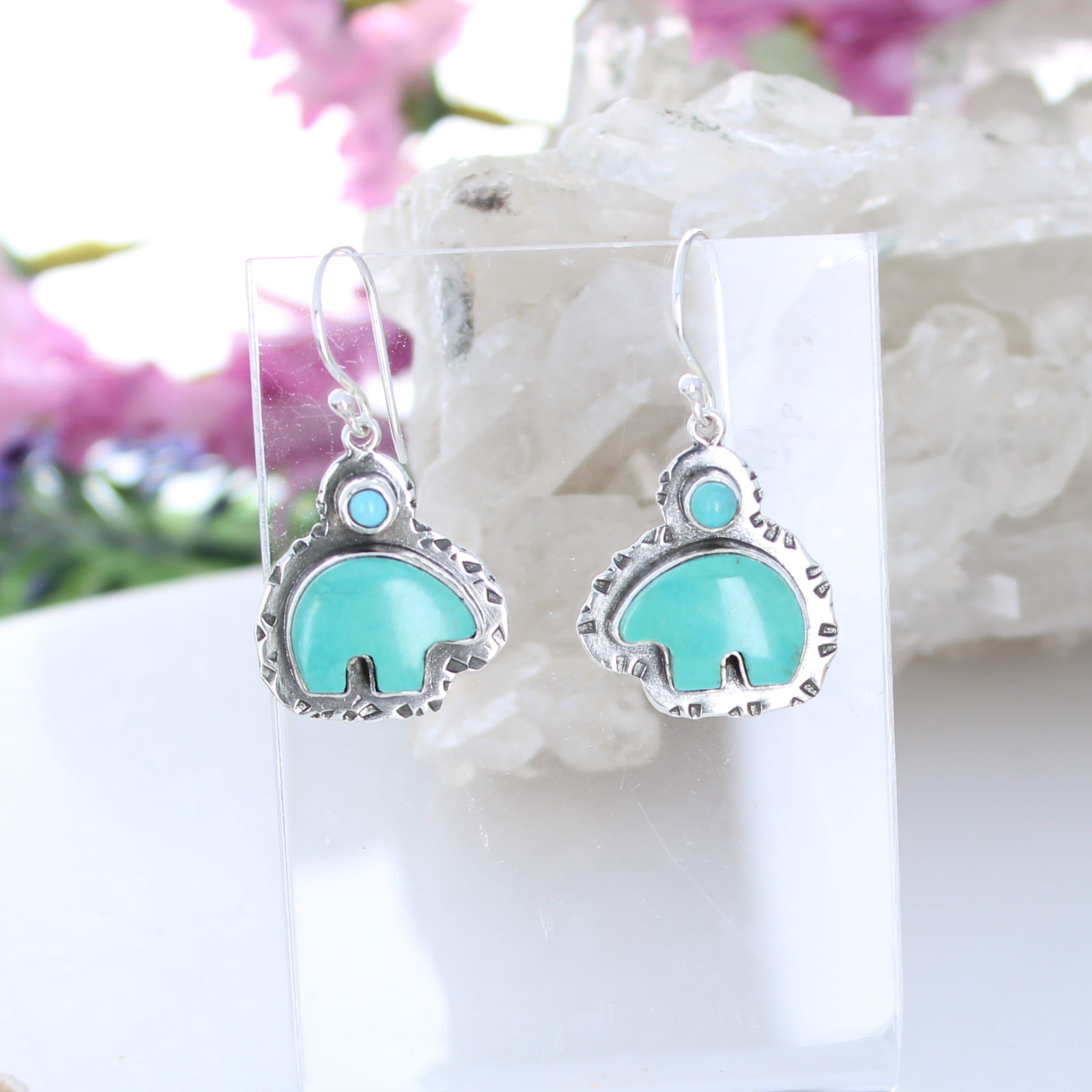 Carved Zuni Bear Kingman Turquoise Earrings Sterling Southwest