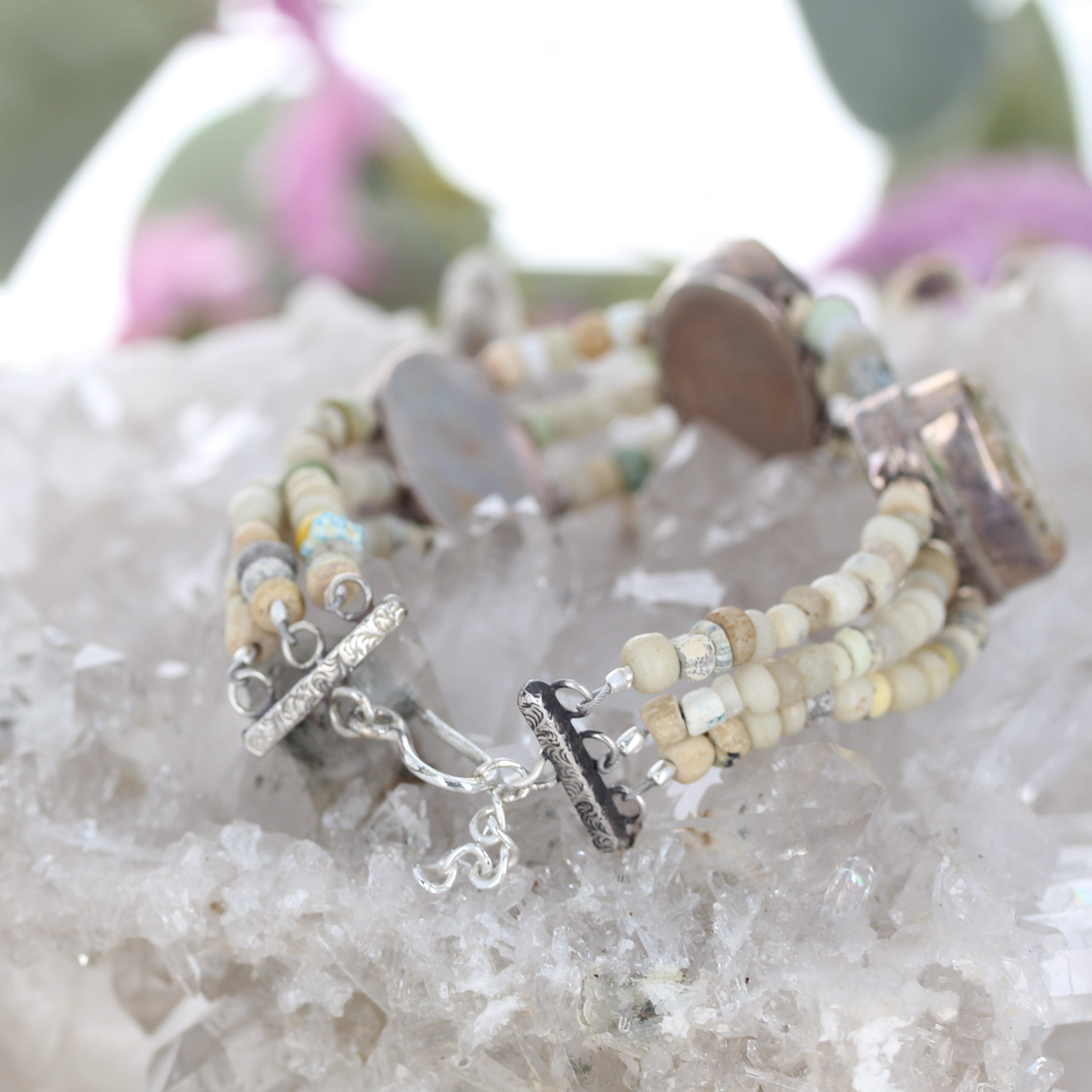 Antique Roman Glass Bracelet 3 Strand Beauty Sterling Silver