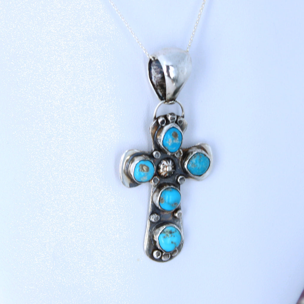 Sleeping Beauty Turquoise Cross Pendant Necklace Sterling Southwestern