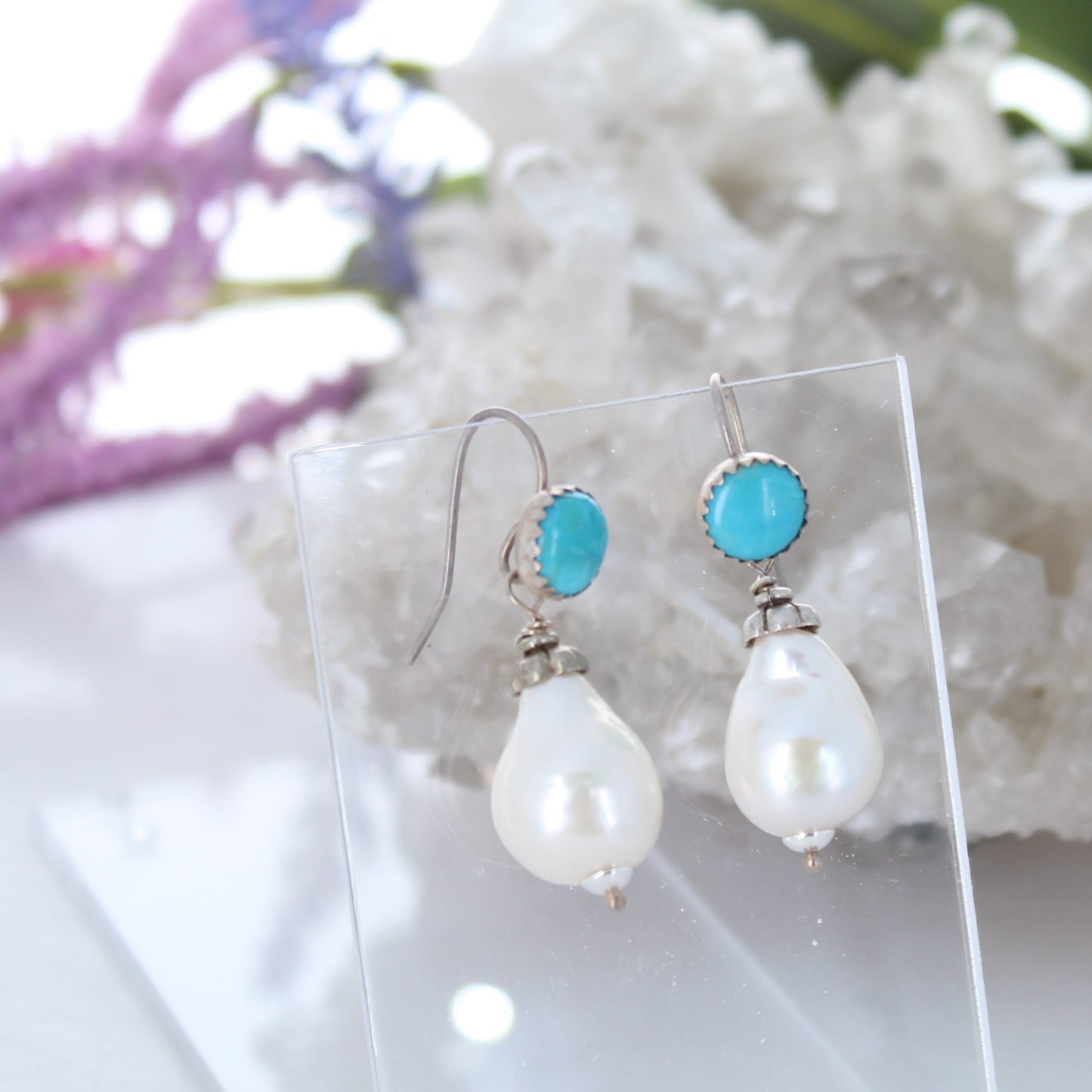 Sleeping Beauty Turquoise and Large Pearl Earrings Sterling silver