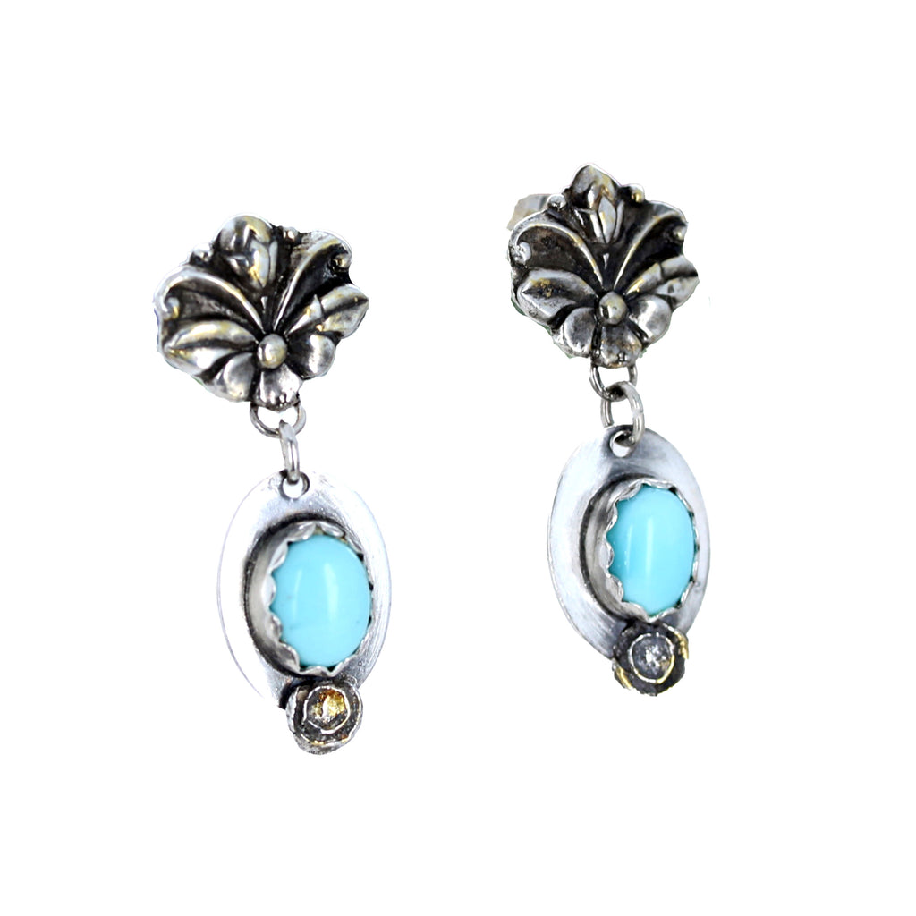 Lone Mountain Turquoise Sterling and Gilded 18K Gold Earrings Florals v