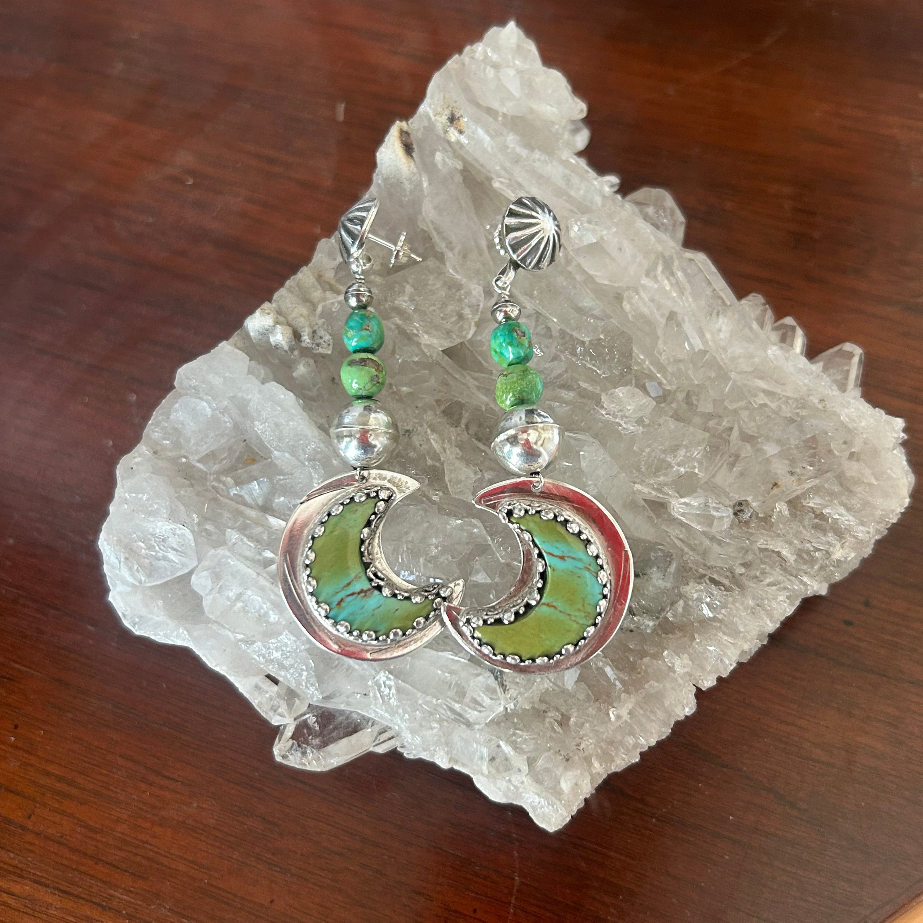 Kingman Turquoise Crescent Moon Earrings Sterling Green Blue