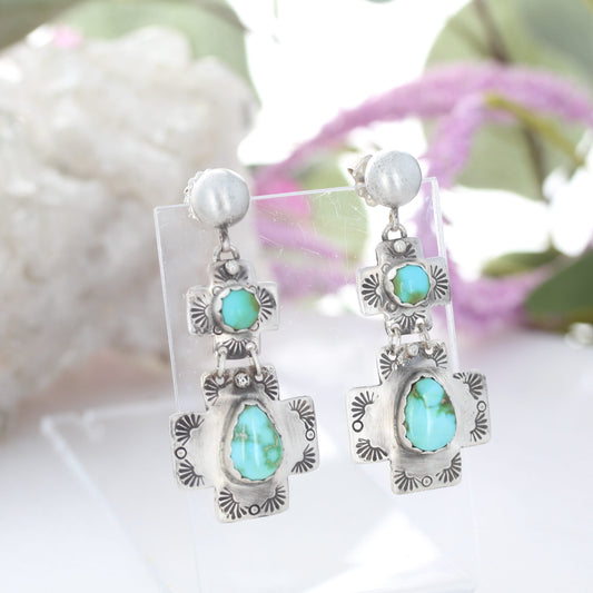 Sonoran Turquoise Double Cross Earrings Sterling Silver Boho 2.5"