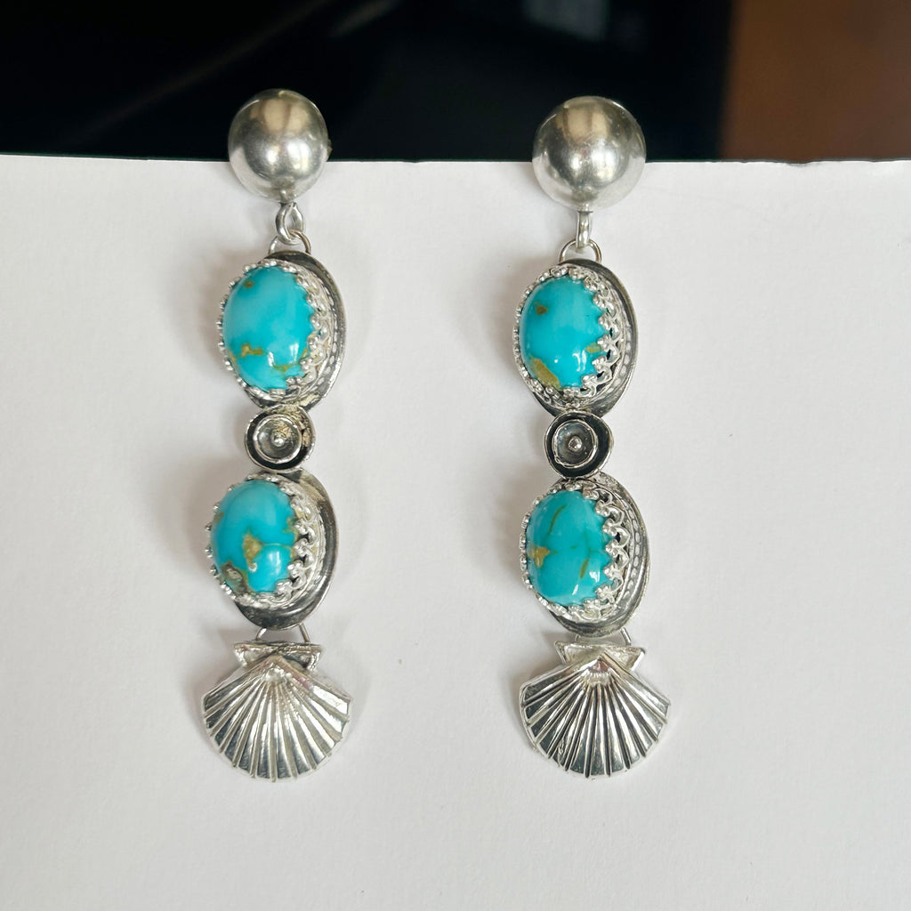 AAA Blue Sonoran Rose Turquoise Earrings 2 Stone Sterling Shells