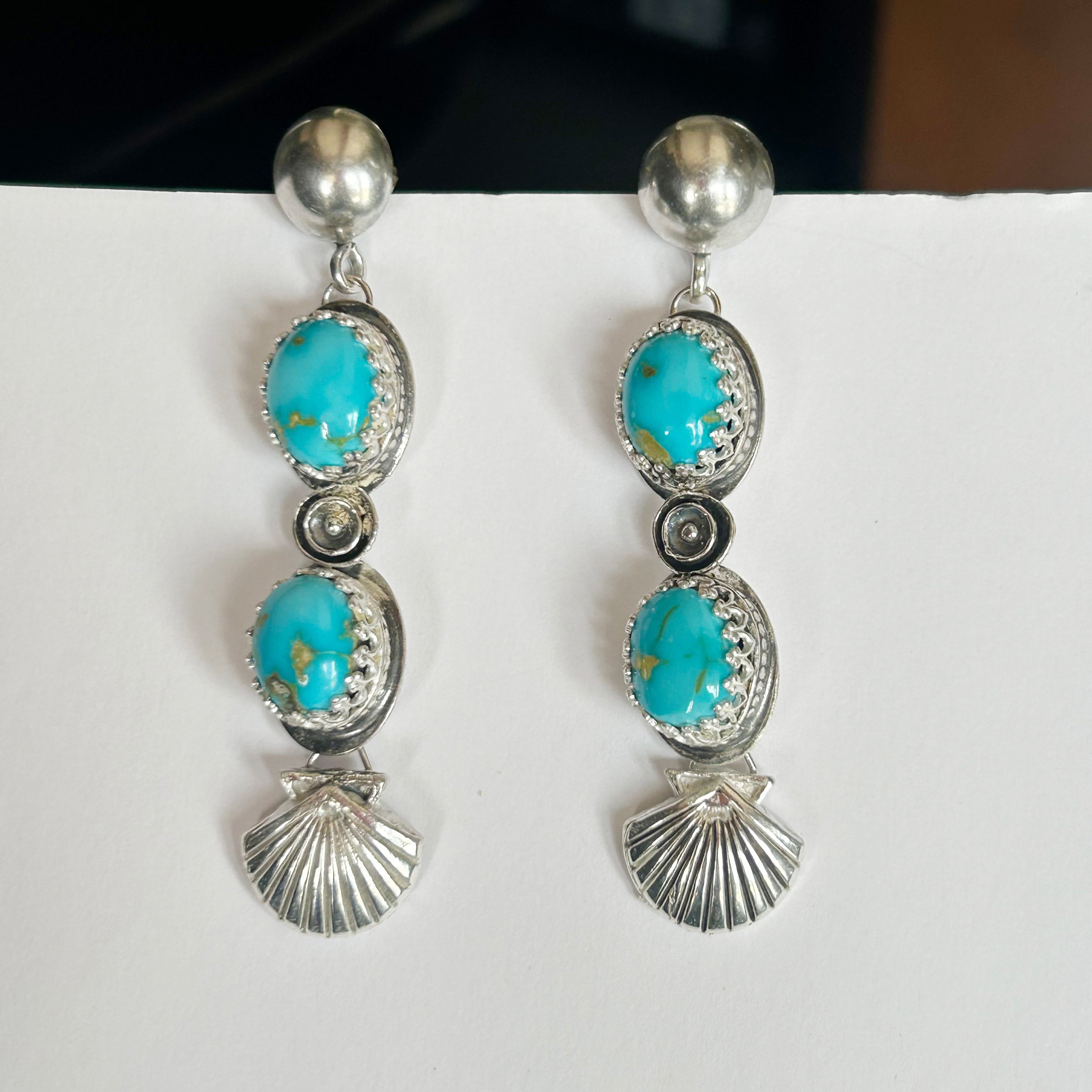 AAA Blue Sonoran Rose Turquoise Earrings 2 Stone Sterling Shells