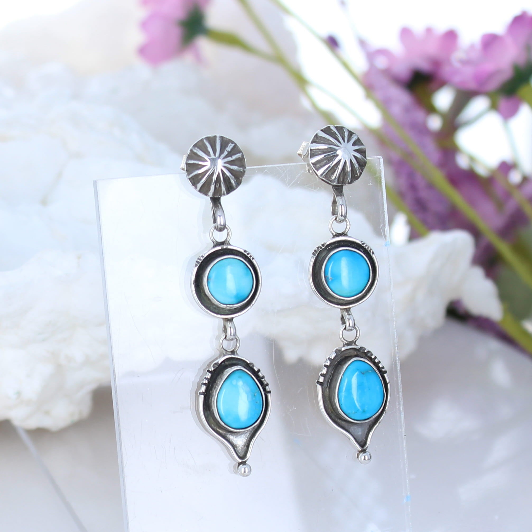 Sonoran Rose Turquoise Earrings 2 Stone Sunburst Post -NewWorldGems