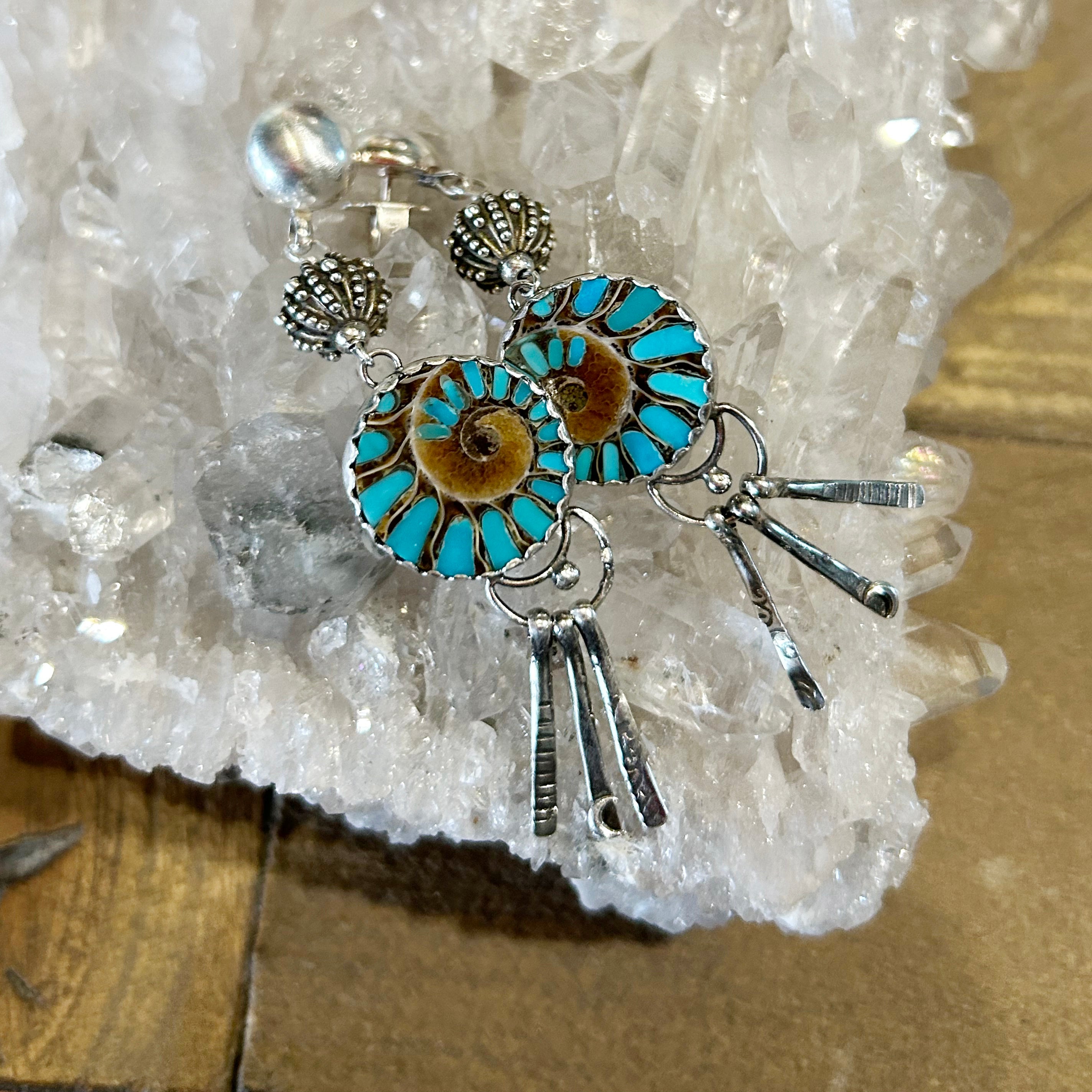 Turquoise Inlaid Fossil Ammonite Sterling Earrings 3" Artisan Made