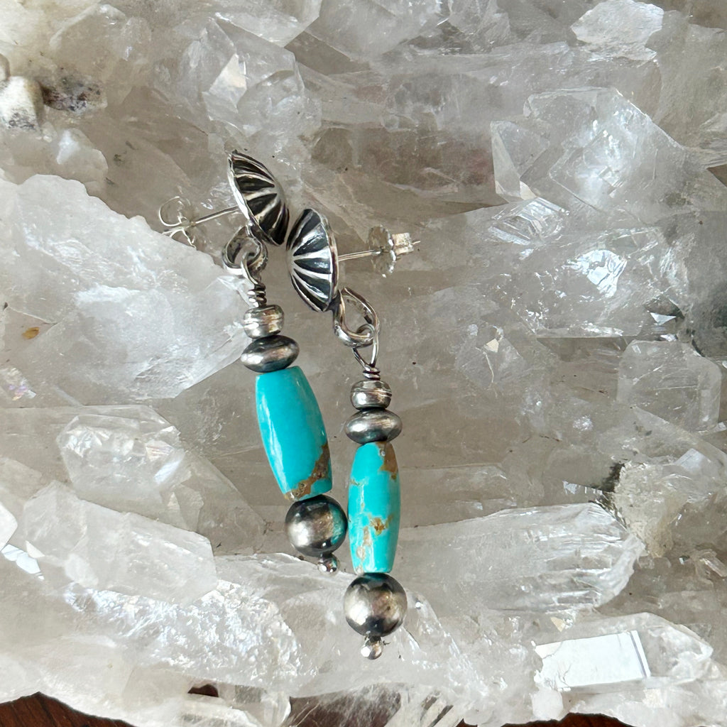 Vintage Carico Lake Turquoise Sterling Earrings Dangles with Sunburst Posts