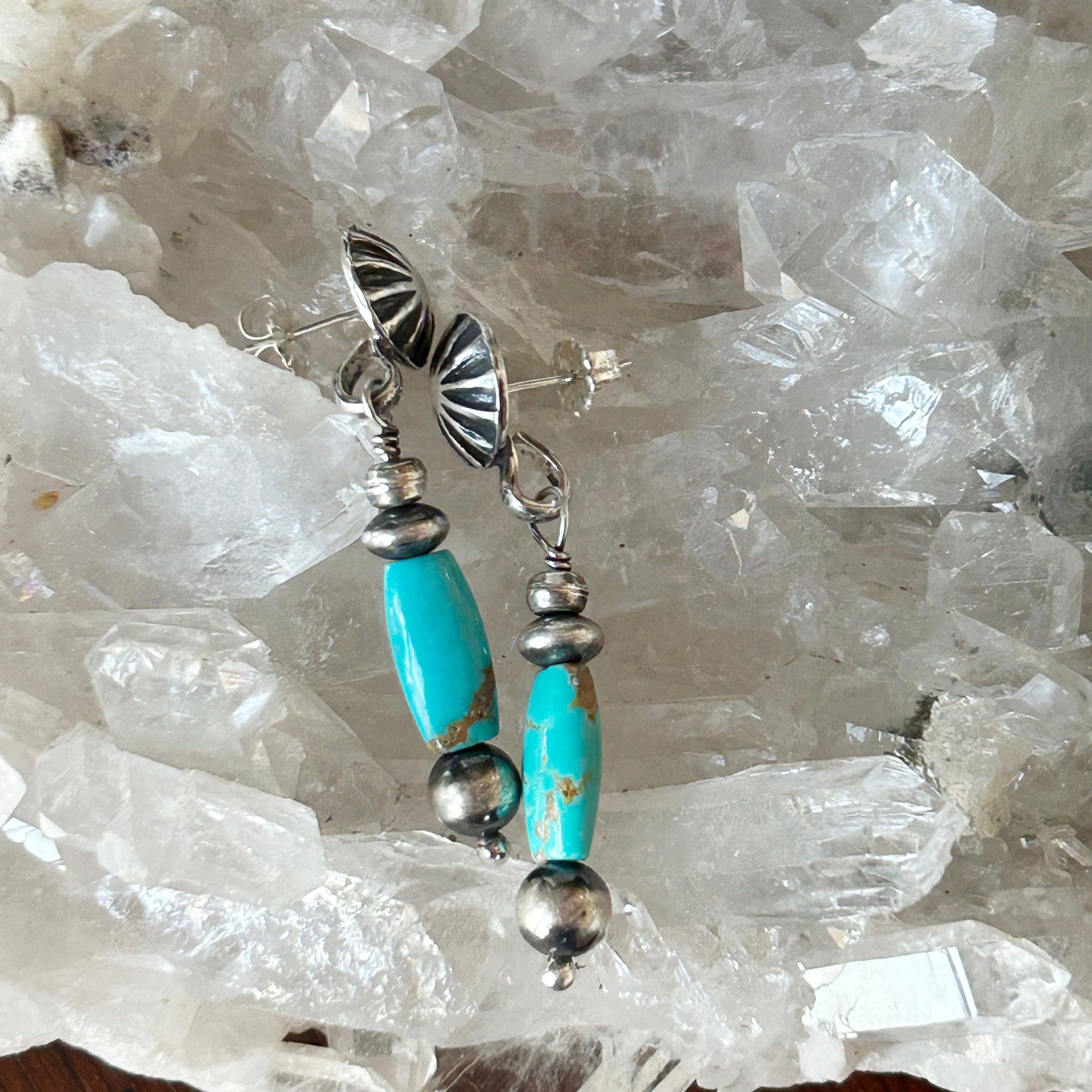Vintage Carico Lake Turquoise Sterling Earrings Dangles with Sunburst Posts