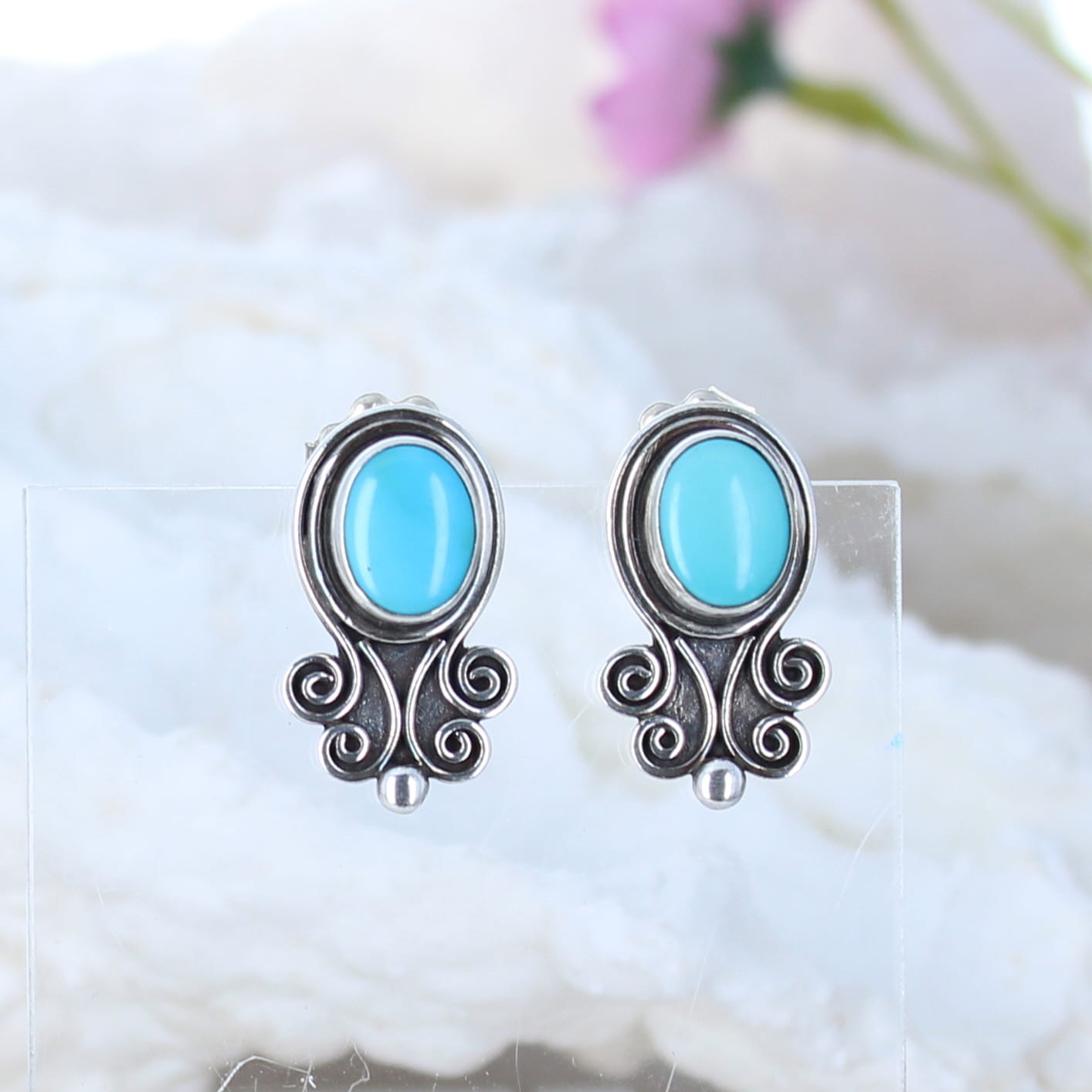 Sleeping Beauty Turquoise Earrings Posts Scroll Design -NewWorldGems