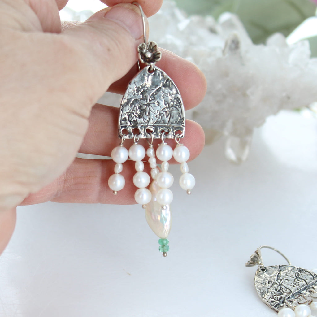 Cream Pearl Wedding Earrings Sterling Cathedral Dangles