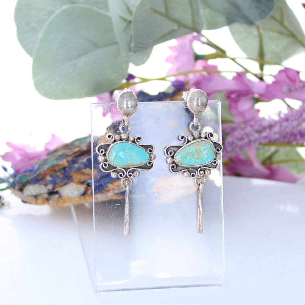 SKY BLUE Royston Turquoise Earrings Scroll Design Dangle NewWorldGems