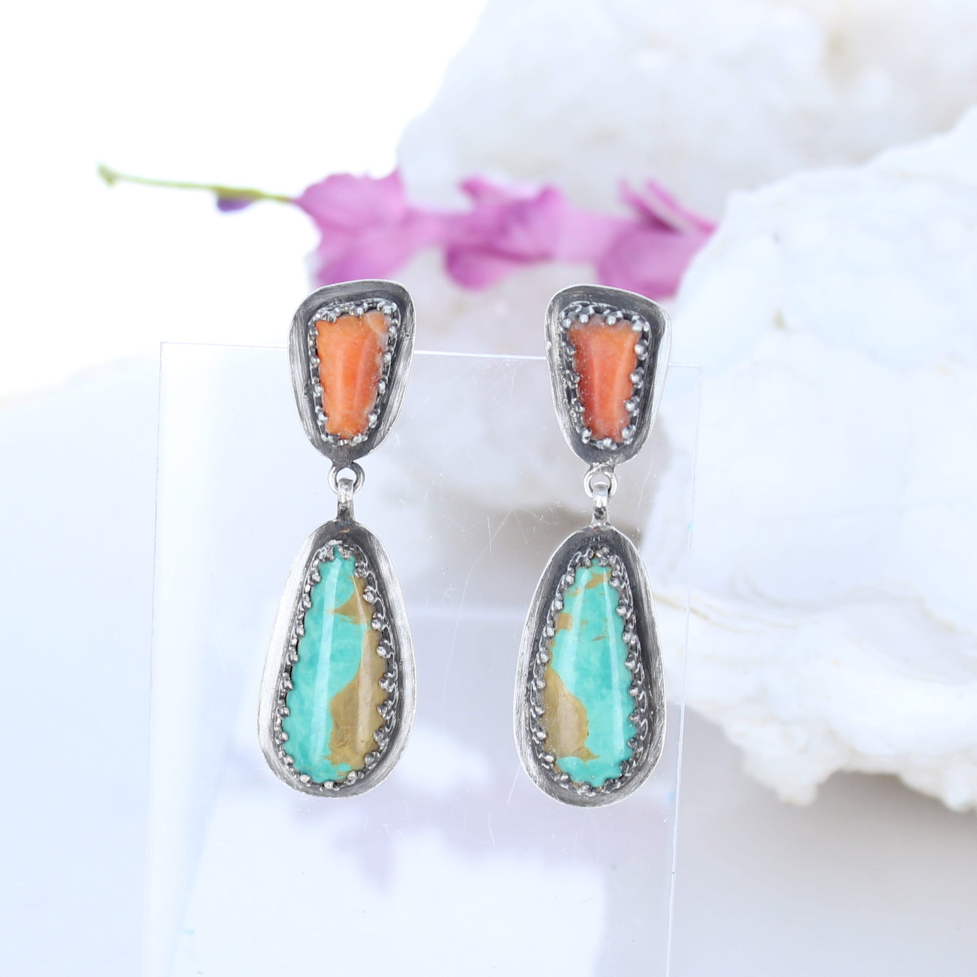 Dramatic Royston Turquoise Orange Spiny Oyster Earrings Southwest -NewWorldGems