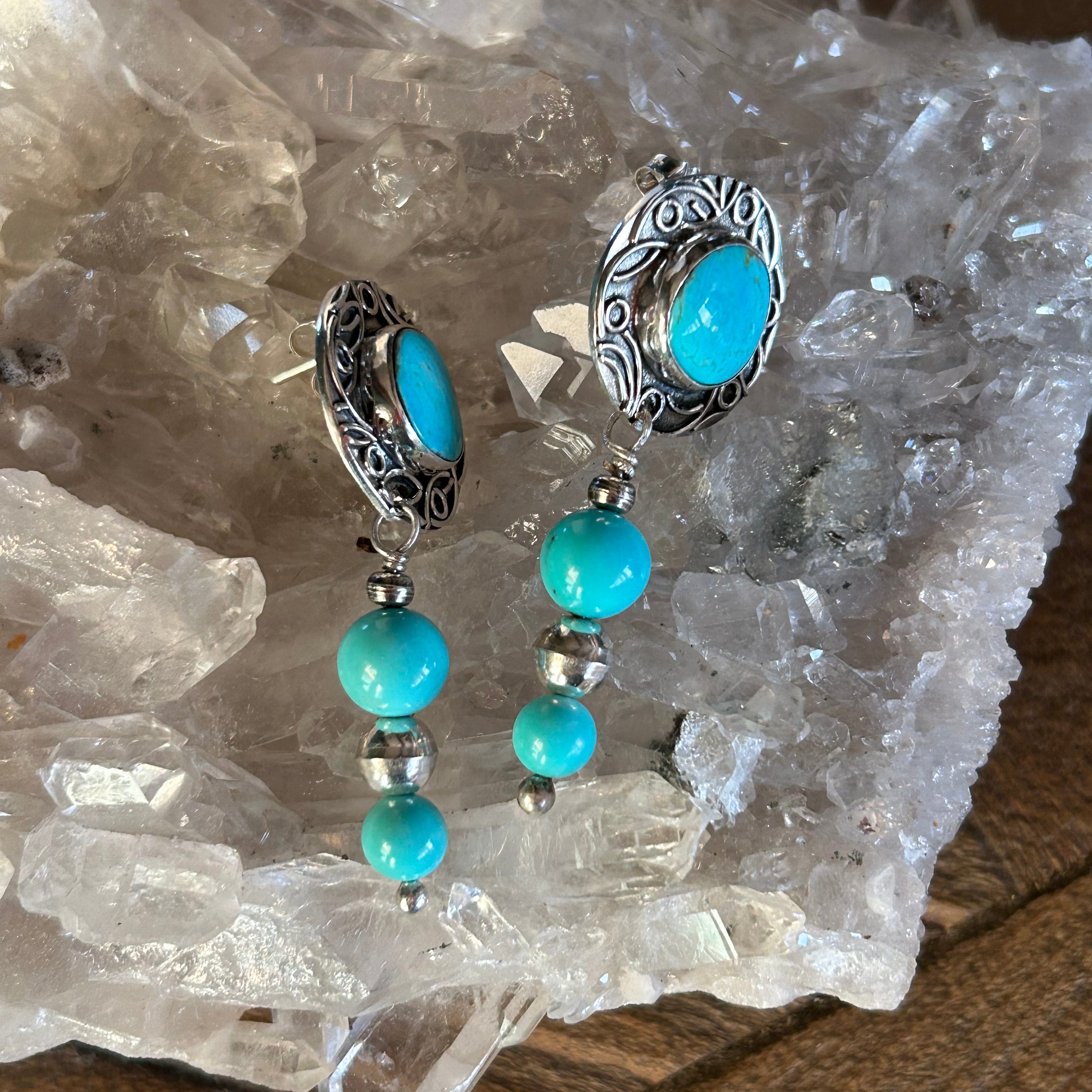 AAA Southwestern Kingman and Fox Turquoise Sterling Earrings 14mm Dangles 2.25"