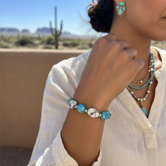 White Buffalo and Kingman Blue Turquoise Beads Bracelet Sterling Silver