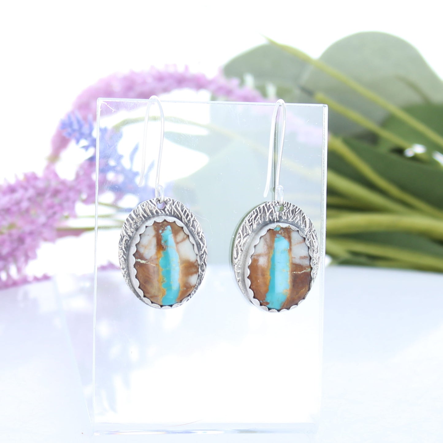 Royston Ribbon Turquoise Earrings Hand Stamped Sterling