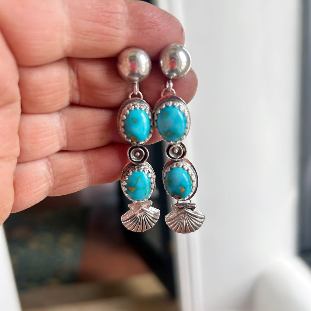 AAA Blue Sonoran Rose Turquoise Earrings 2 Stone Sterling Shells