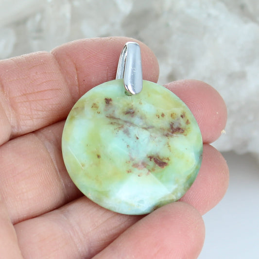 Moon Green PERUVIAN OPAL Faceted Round Pendant Sterling