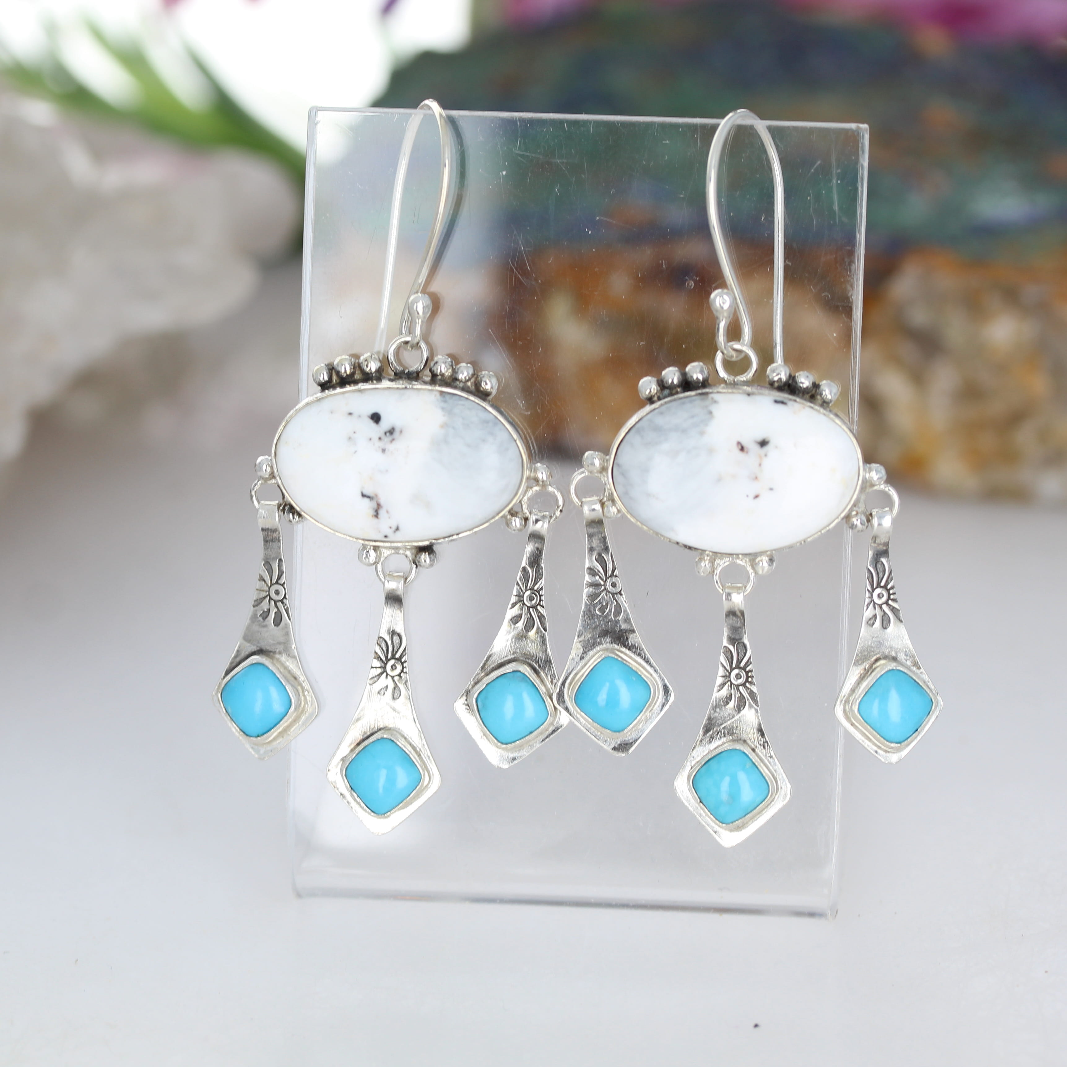 White Buffalo Turquoise with Blue Sonoran Turquoise Boho Dangle Earrings Sterling