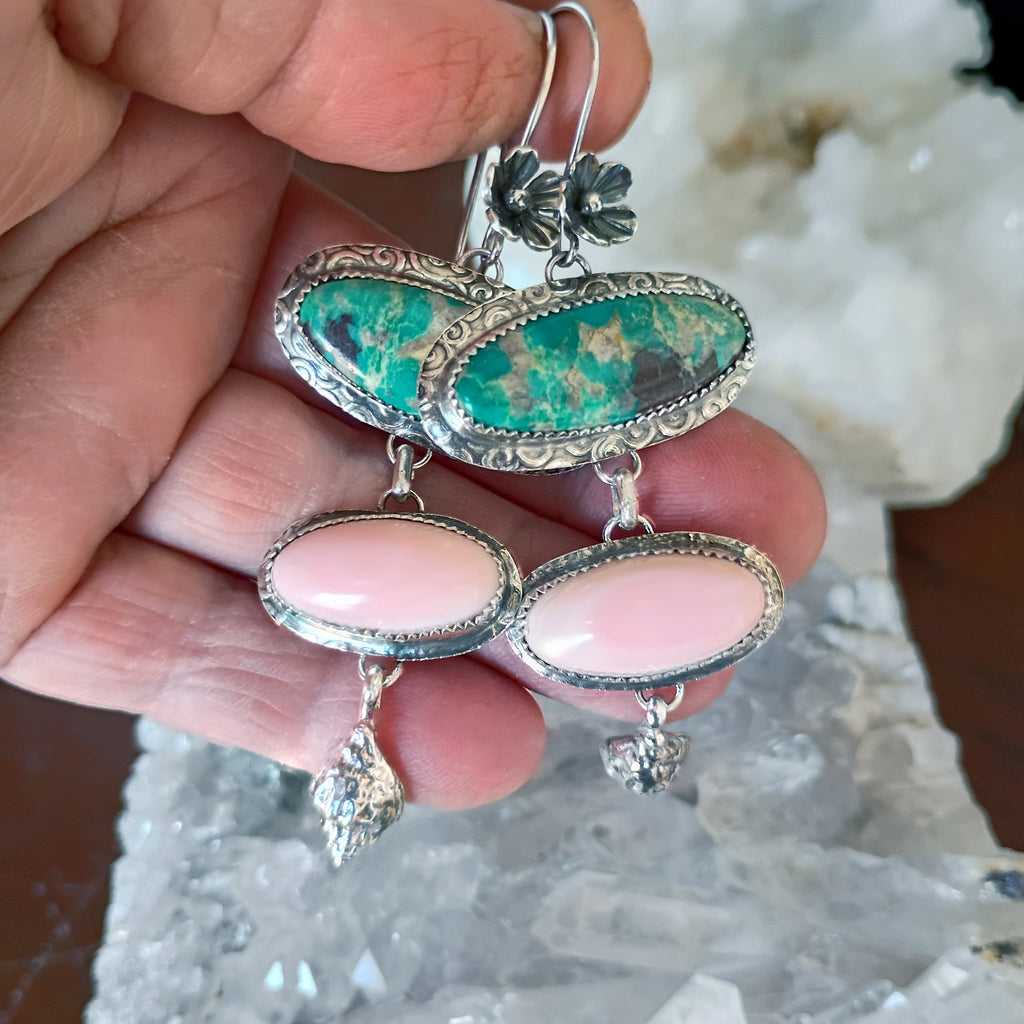 AAA Blue Royston Turquoise and Pink Conch Shell Earrings Sterling Silver Shells