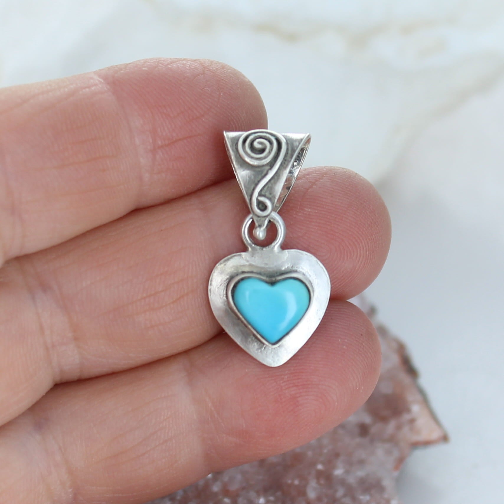 Small Kingman Turquoise Heart Pendant Sterling -NewWorldGems