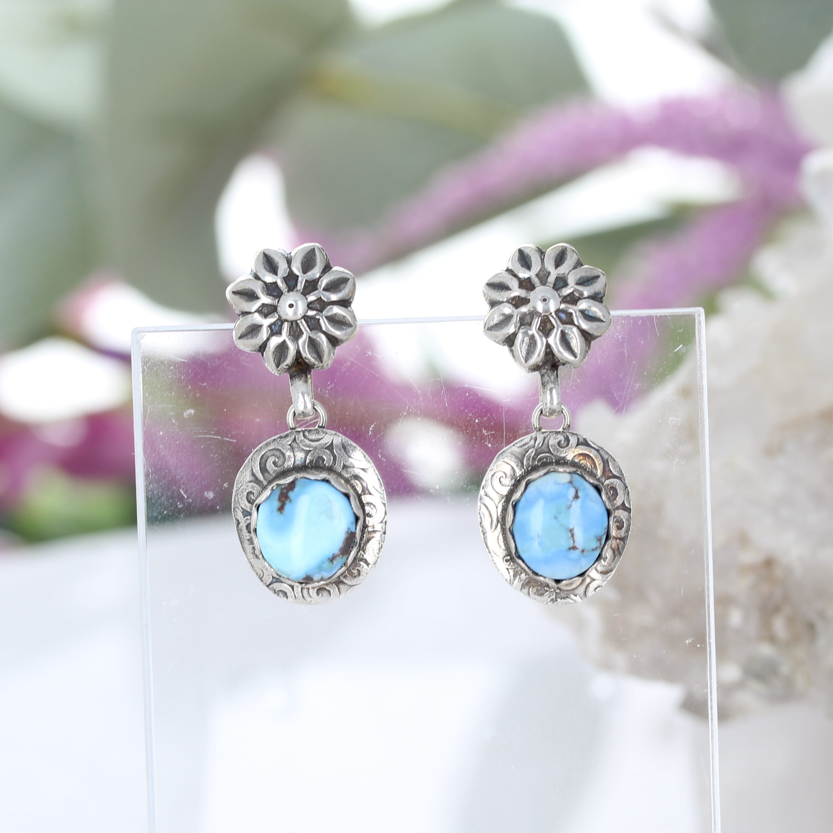 Kazakhstan Turquoise Earrings Baby Blue Floral Design Sterling Silver