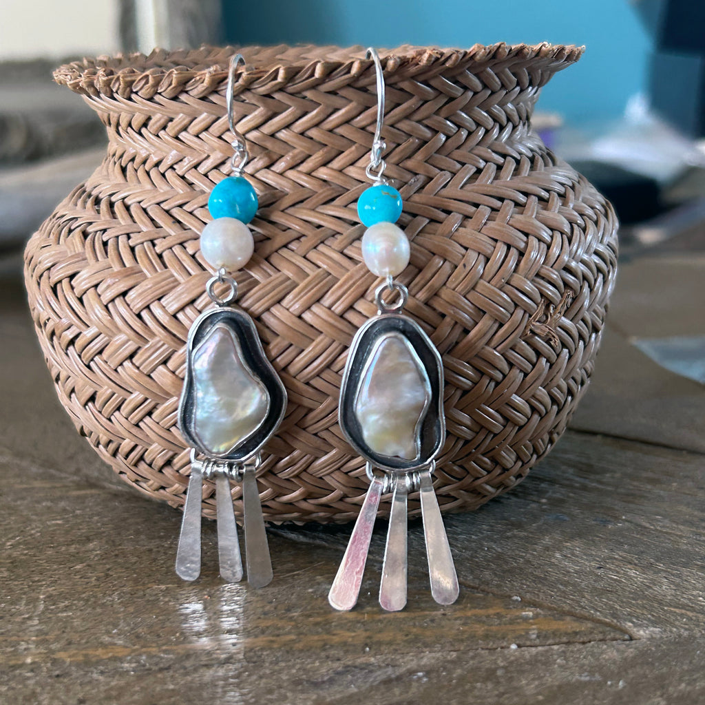 Pearl and Turquoise Teardrop Earrings Large Sterling Dangle Posts