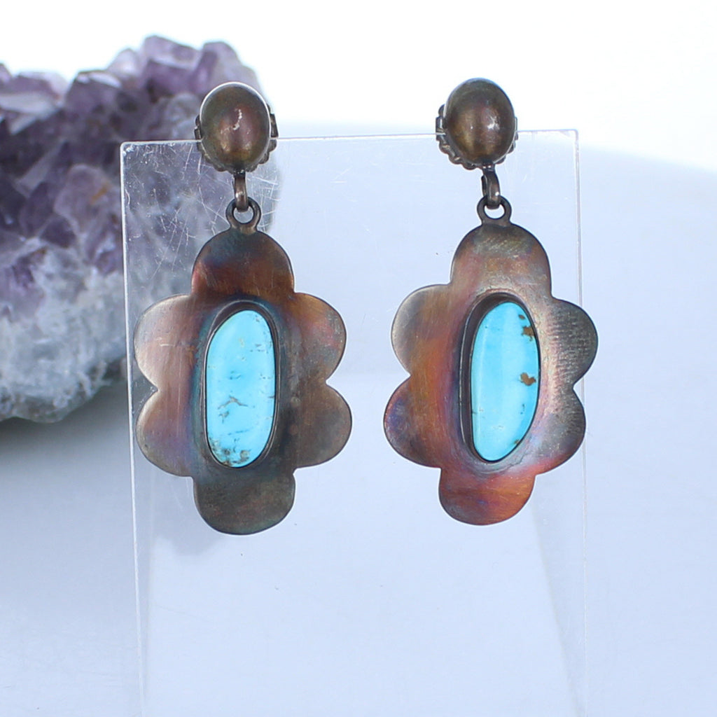 Blue Moon Turquoise Flower Design Earrings Sterling