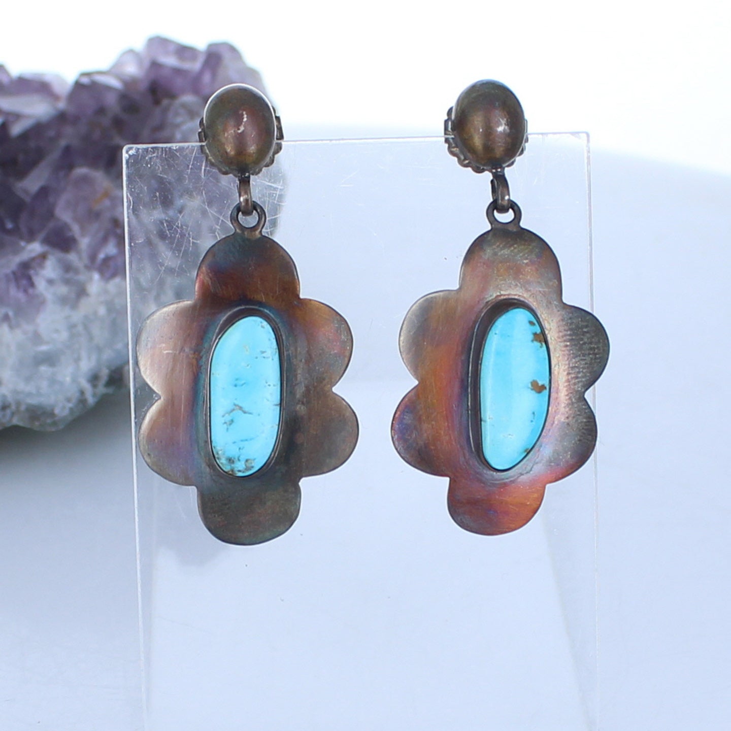 Blue Moon Turquoise Flower Design Earrings Sterling