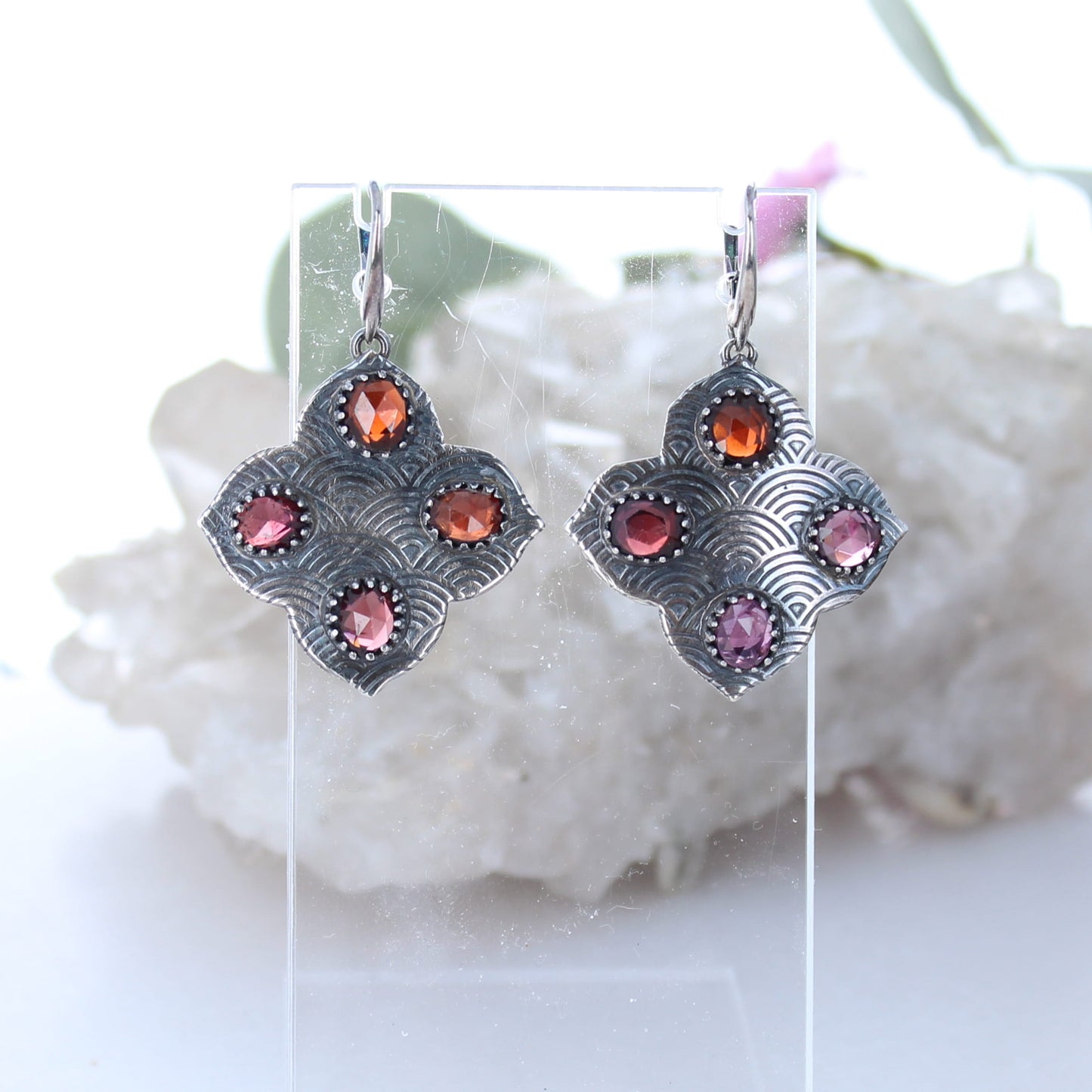 Sterling Silver and Garnet Stained Glass Renaissance Earrings