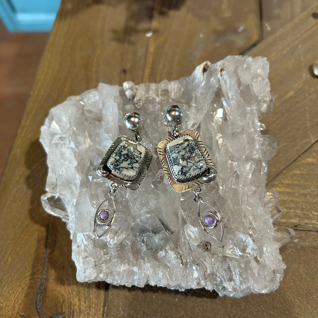 IVORY CREEK Turquoise and Sugilite Sterling Earrings Celadon Eye Moon Artisan