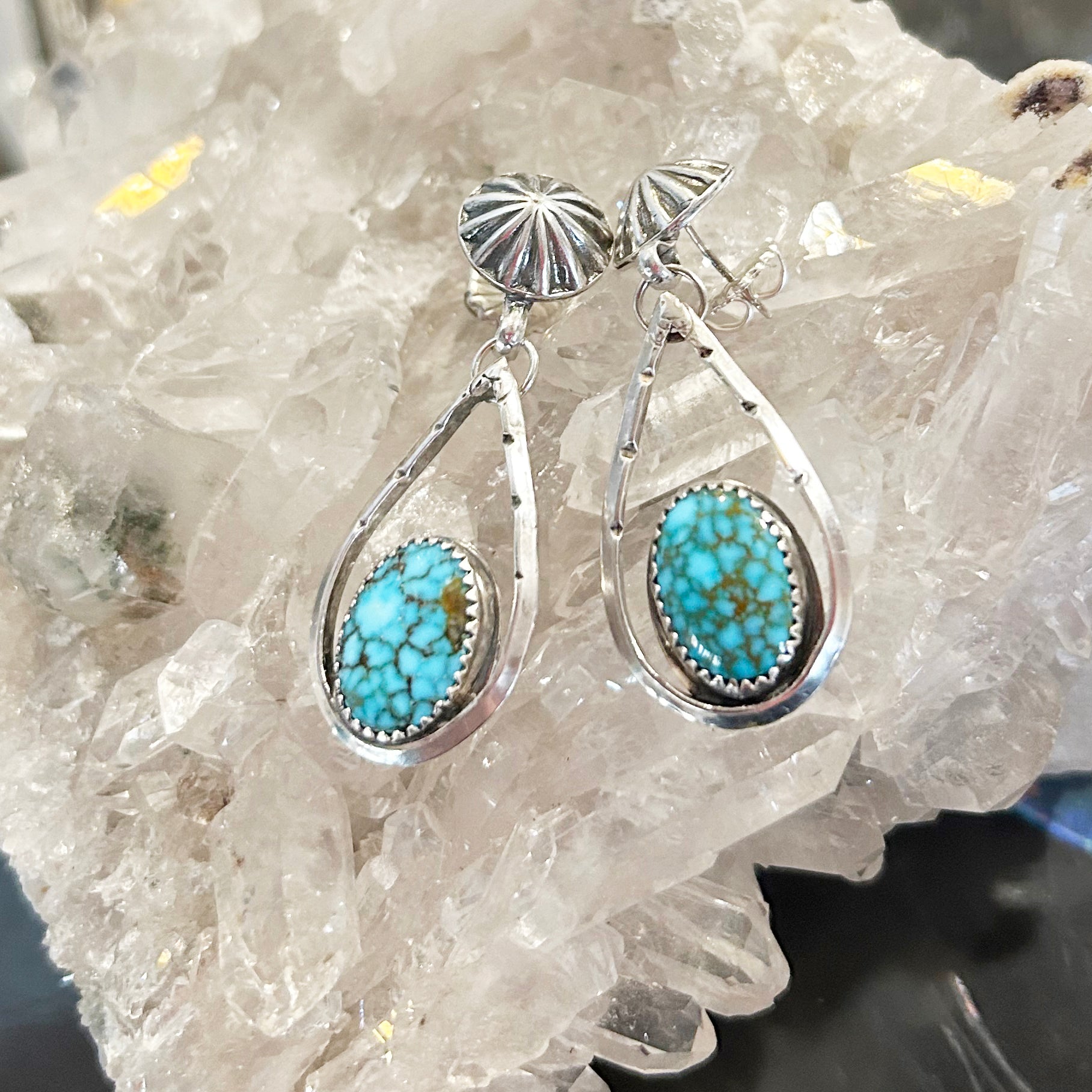 AAA Ithaca Kingman Turquoise Earrings Waterweb Large Teardrops Sterling