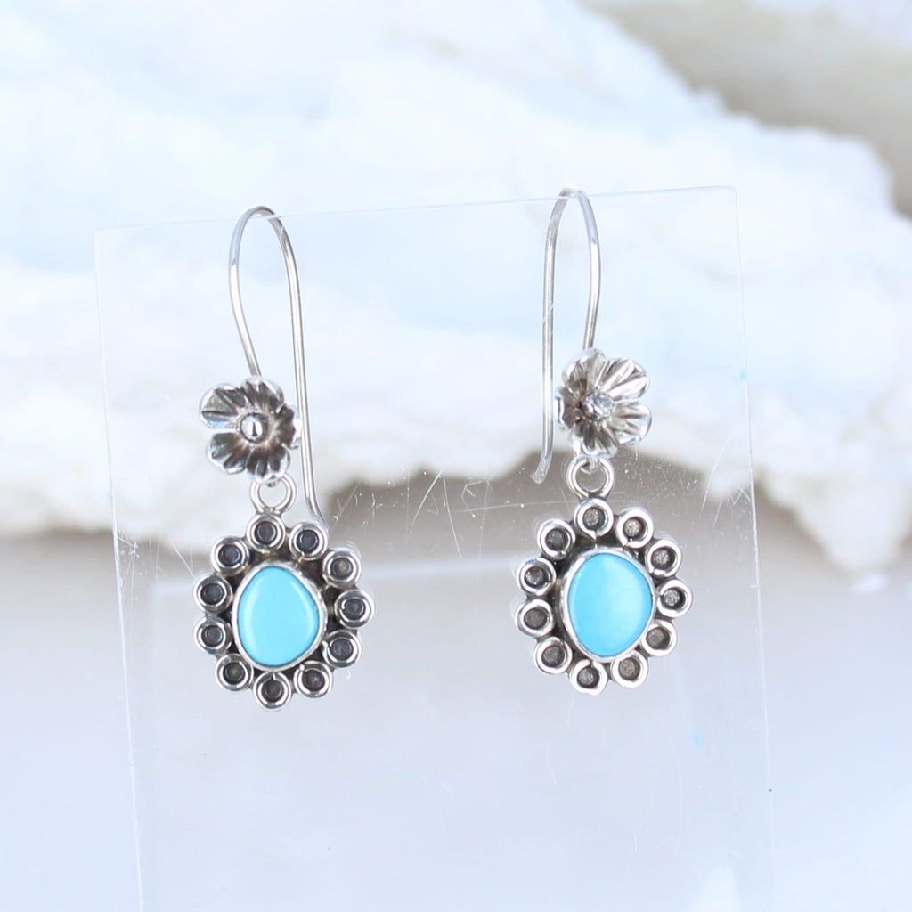 Sleeping Beauty Turquoise Earrings Floral Design Sterling -NewWorldGems