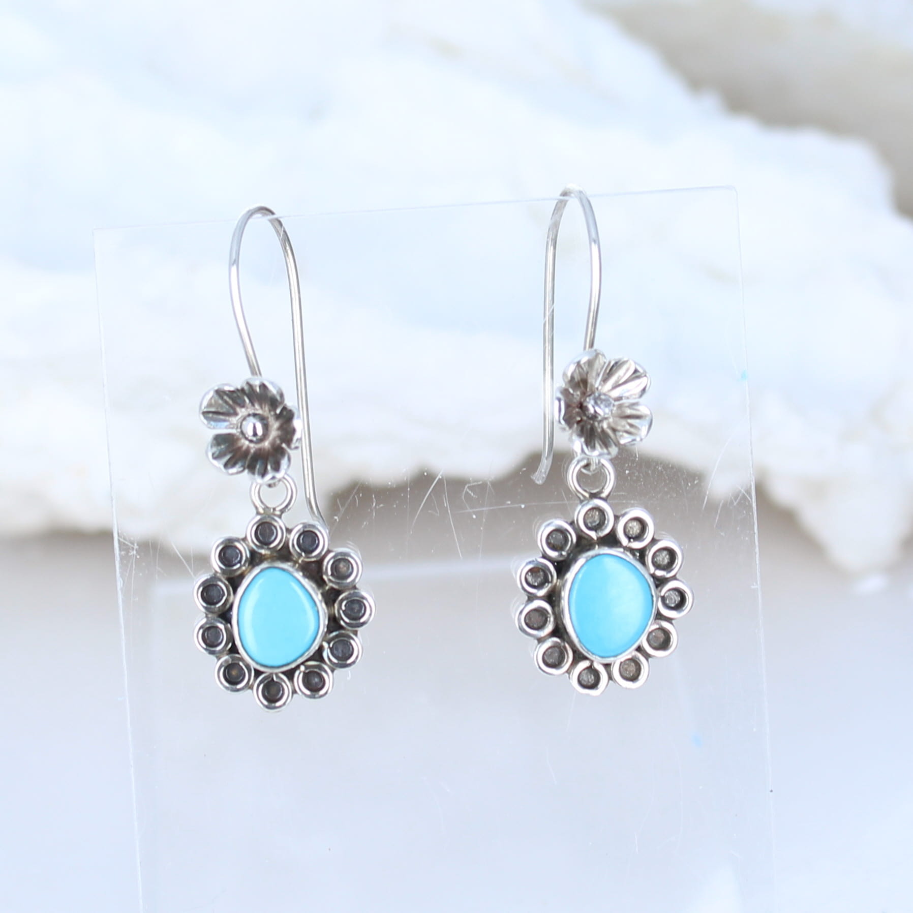 Sleeping Beauty Turquoise Earrings Floral Design Sterling -NewWorldGems