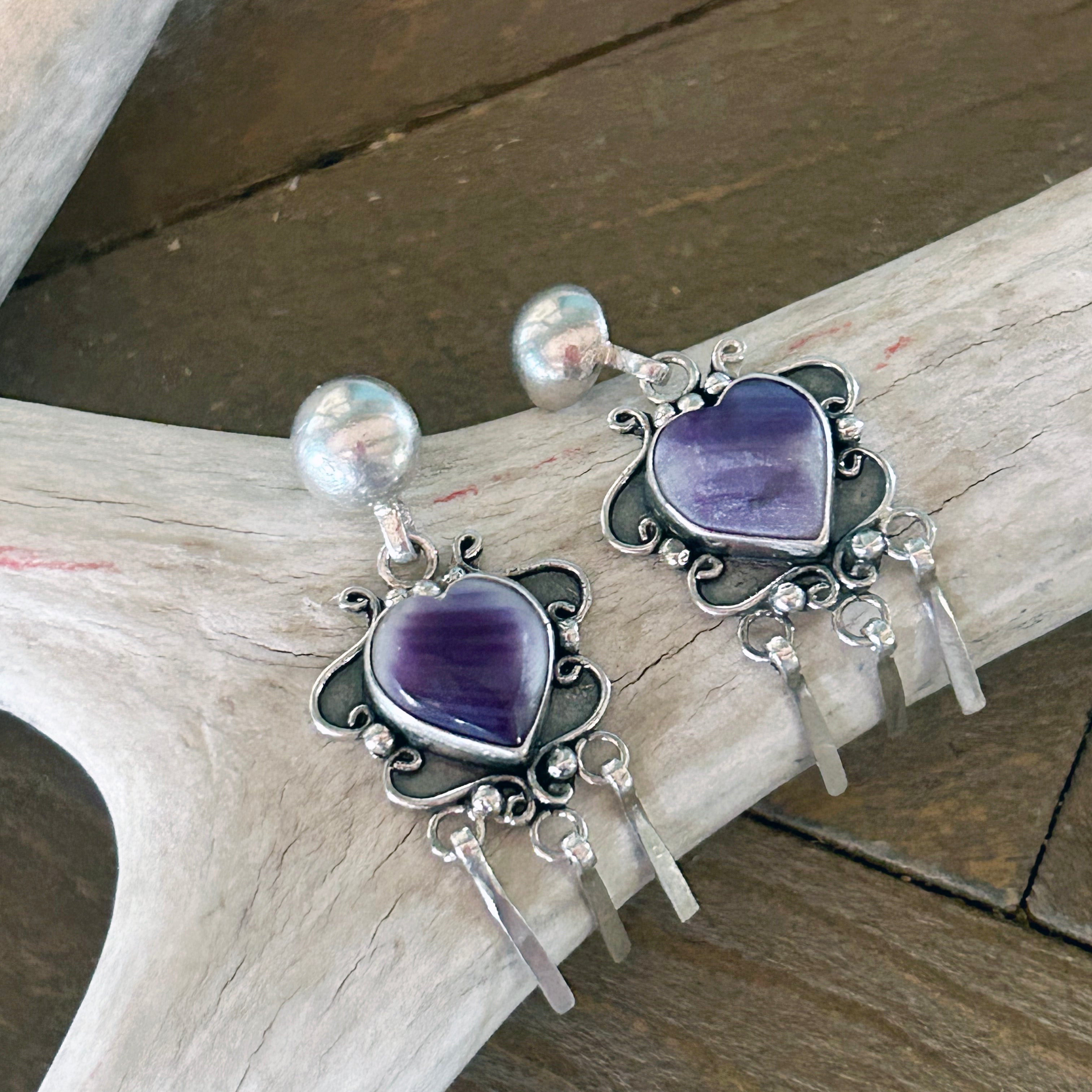 Purple Spiny Oyster Hearts Earrings Sterling Scroll Design Dangles NewWorldGems