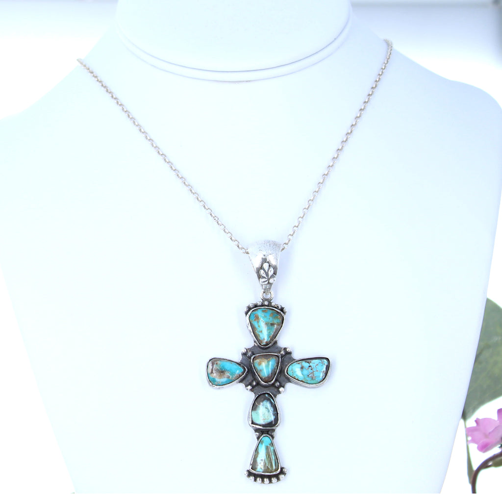 Vintage Carico Lake Turquoise Cross Pendant Sterling Silver Santa Fe Style