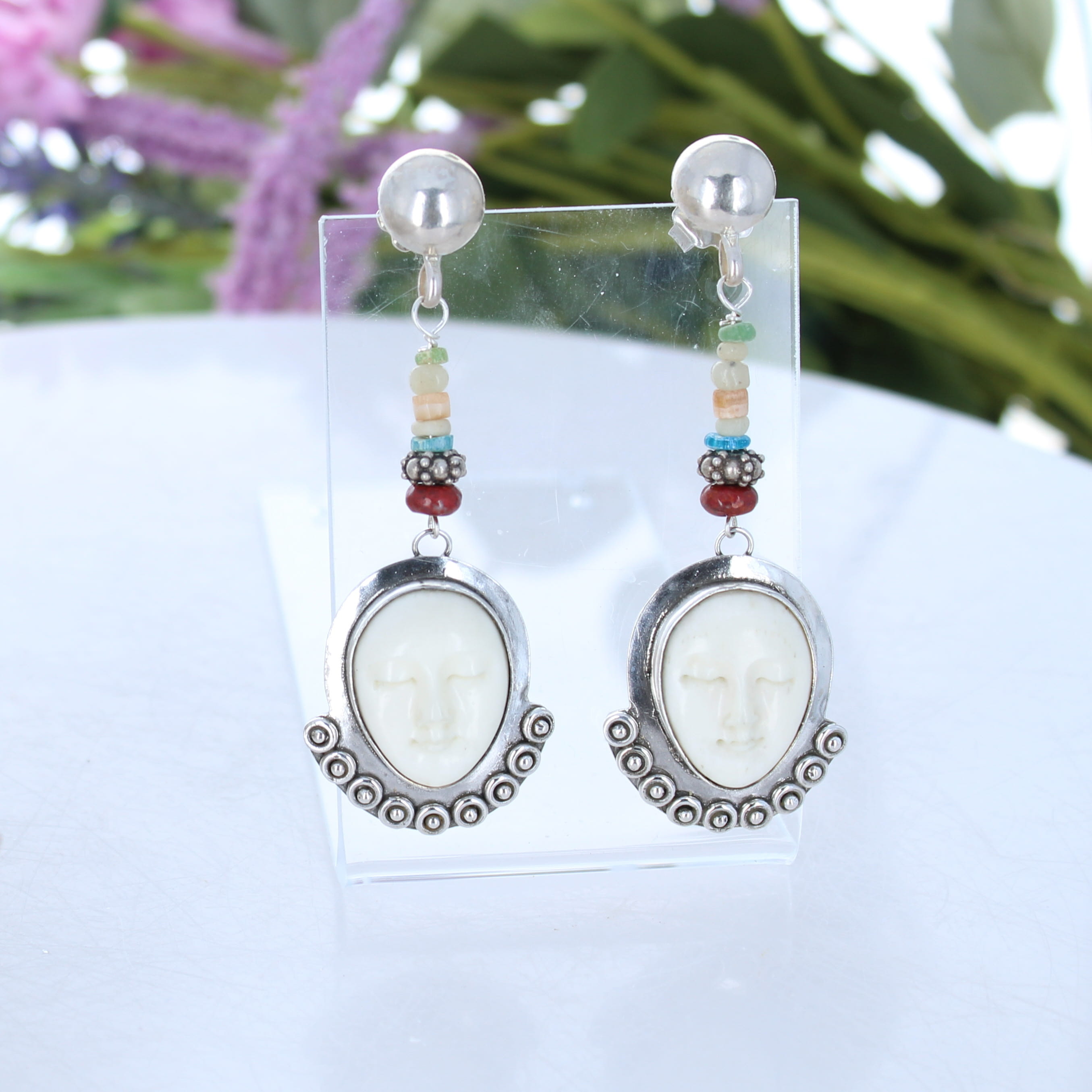 Sterling Silver Moon Face Goddess Earrings Ancient Glass Beads
